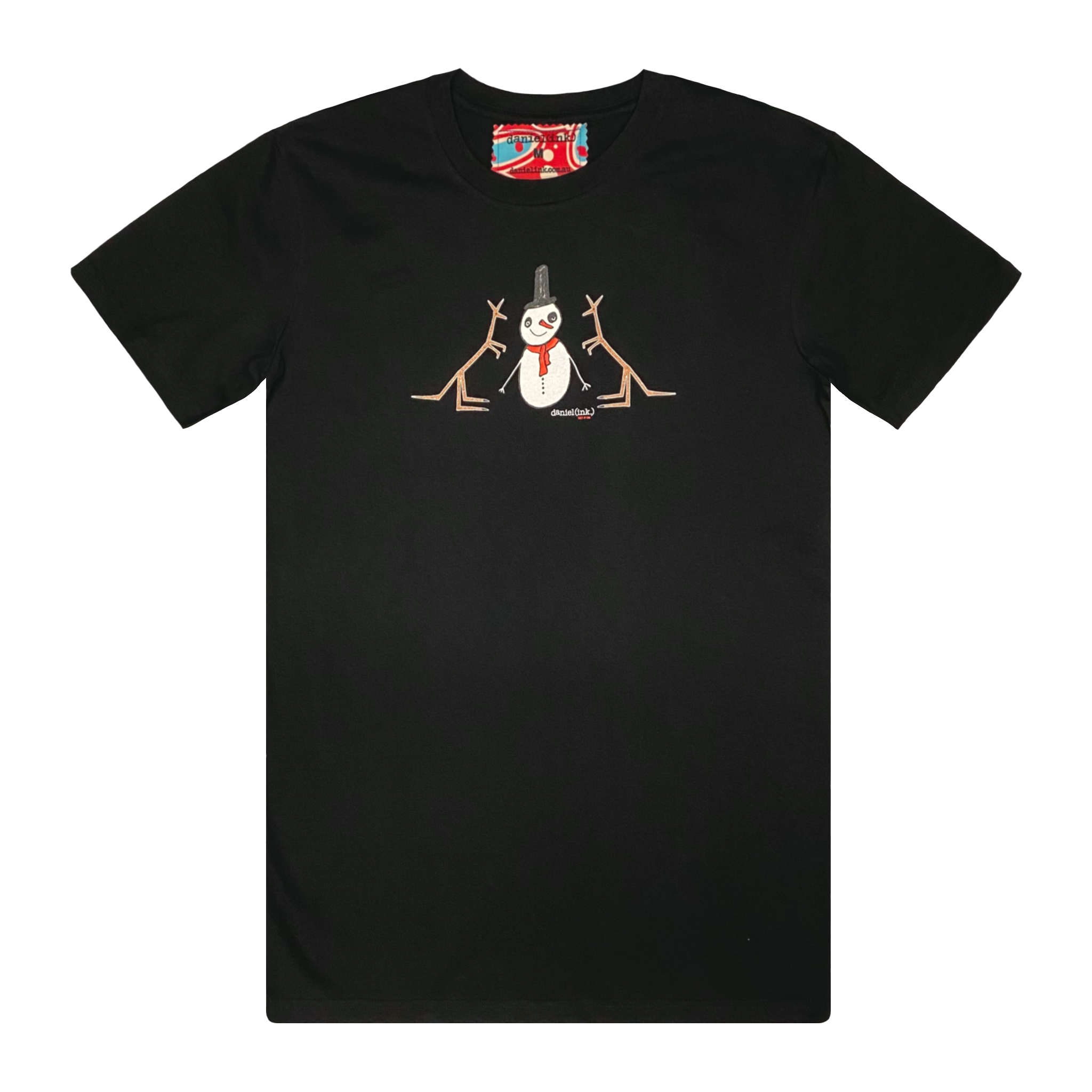 Men's black t-shirt featuring a hand drawn image of a happy snowman standing in front of two kangaroos. The snowman is wearing an orange scarf and black top hat. This t-shirt has a red, white, and blue fabric label on the back of the neck.