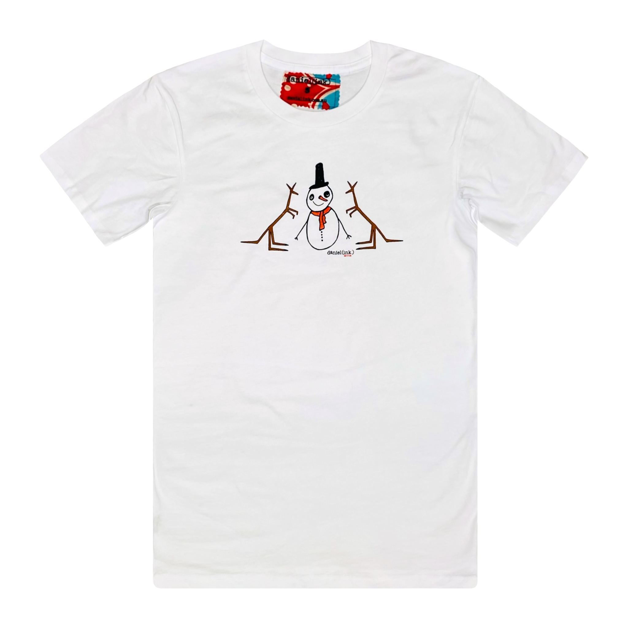 Men's white t-shirt featuring a hand drawn image of a happy snowman standing in front of two kangaroos. The snowman is wearing an orange scarf and black top hat. This t-shirt has a red, white, and blue fabric label on the back of the neck.