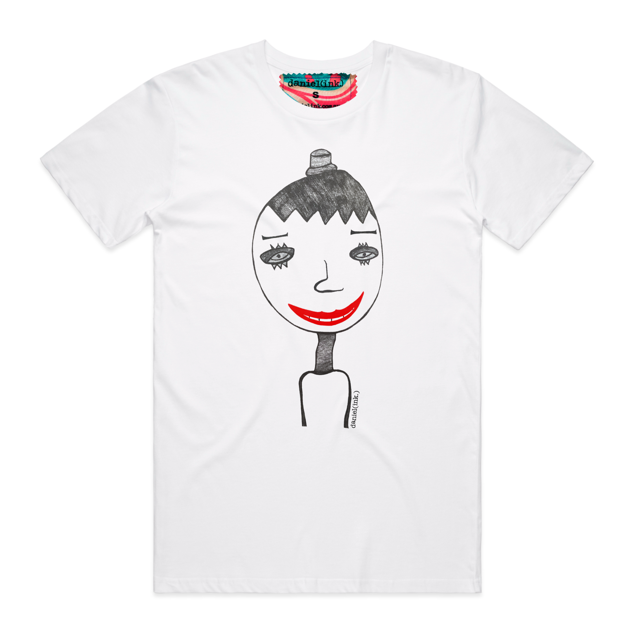 Men's white t-shirt featuring a hand drawn sketch of a person in black. The person is wearing a small top hat and has big red lips in a big smile. This t-shirt has a red, white, and blue fabric label on the back of the neck.