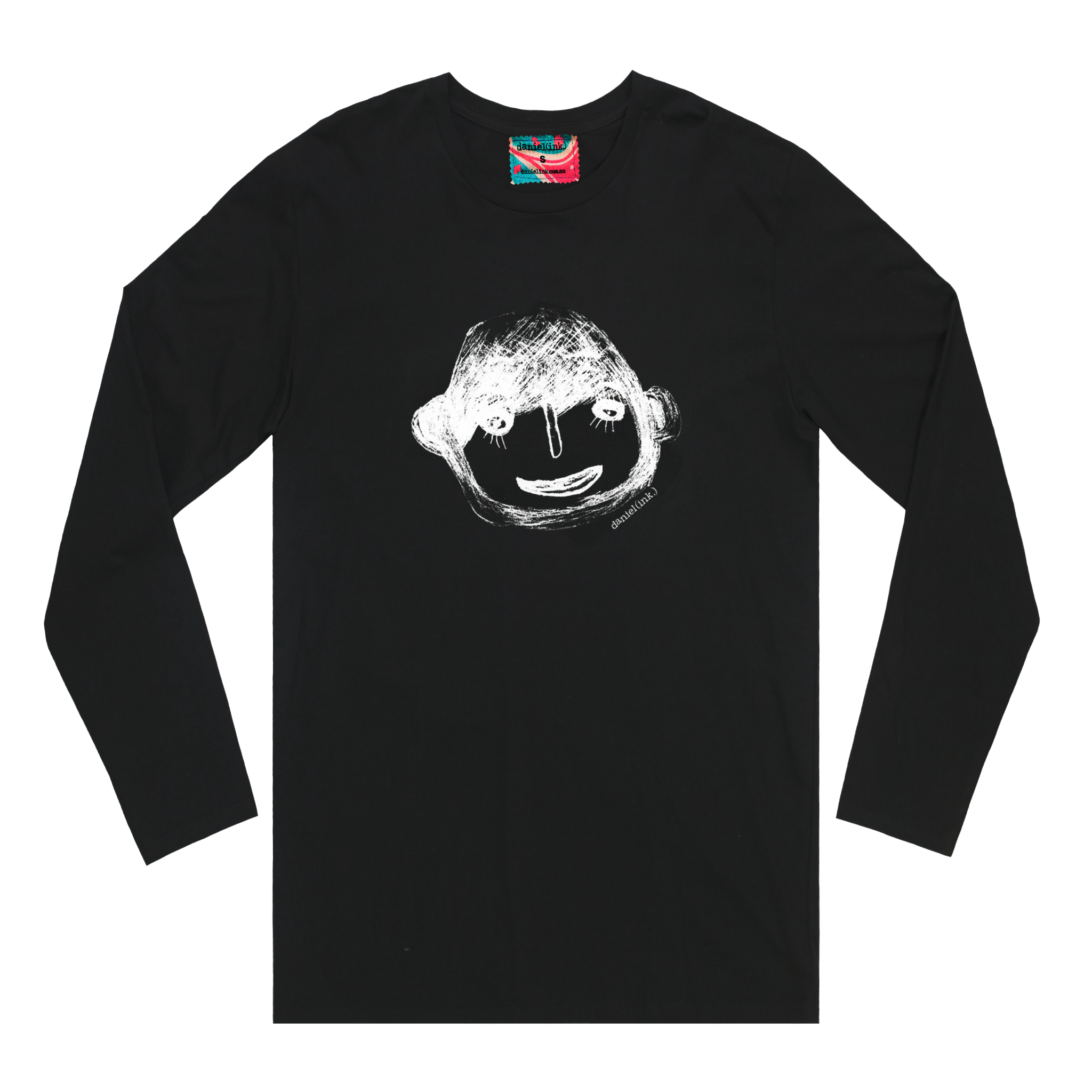 Men's black long sleeve shirt featuring a hand drawn sketch of a person's face in white. This shirt has a red, white, and blue fabric label on the back of the neck.