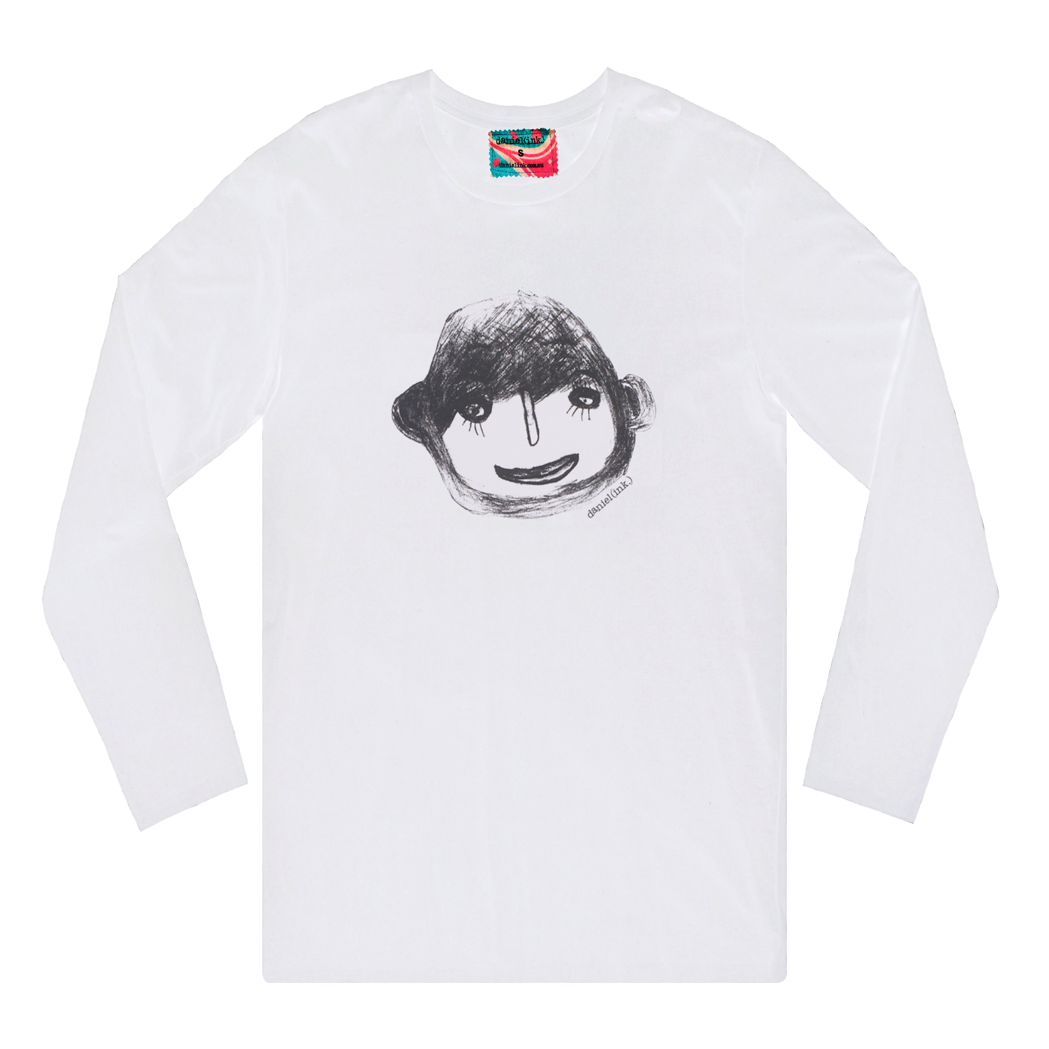 Men's white long sleeve shirt featuring a hand drawn sketch of a person's face in black. This shirt has a red, white, and blue fabric label on the back of the neck.