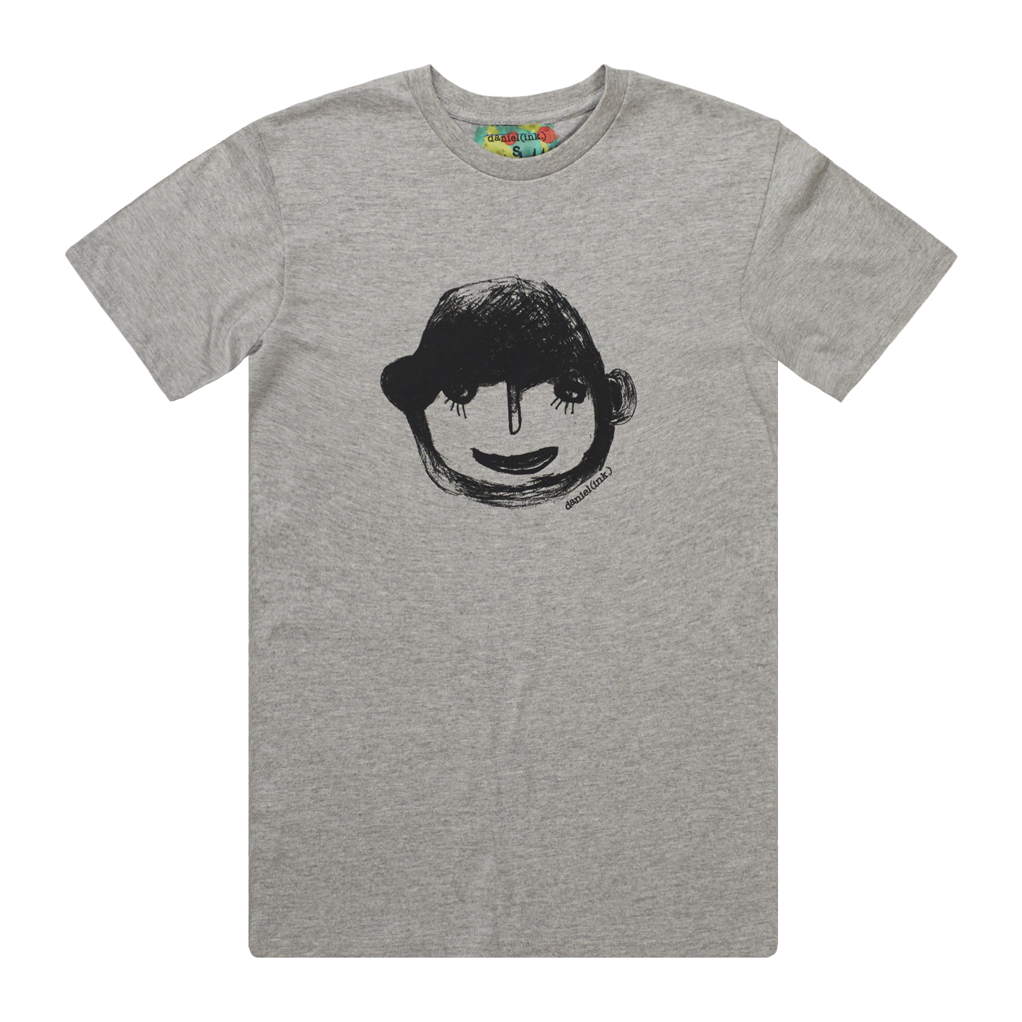 Men's grey t-shirt featuring a hand drawn sketch of a person's face in black. This t-shirt has a green fabric label on the back of the neck.