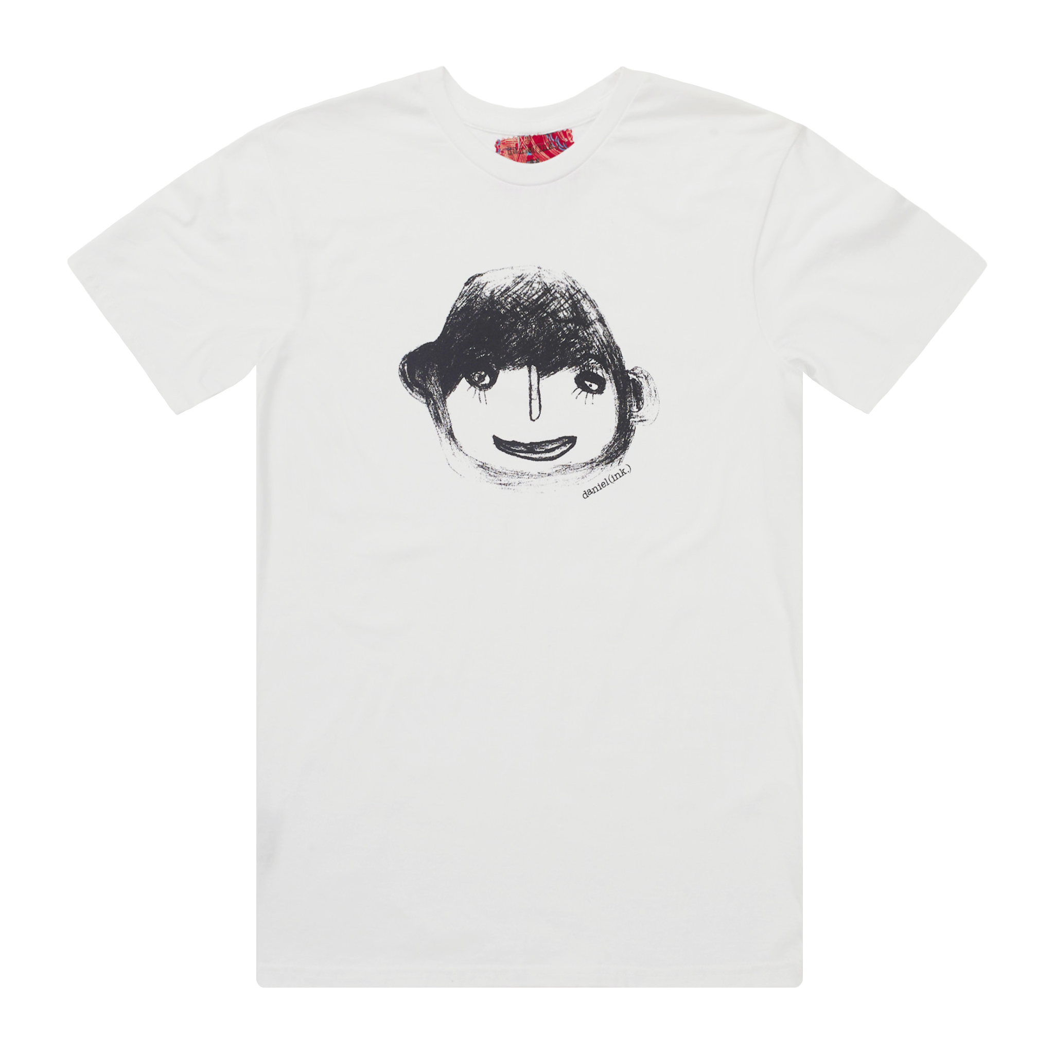 Men's white t-shirt featuring a hand drawn sketch of a person's face in black. This t-shirt has a red fabric label on the back of the neck.