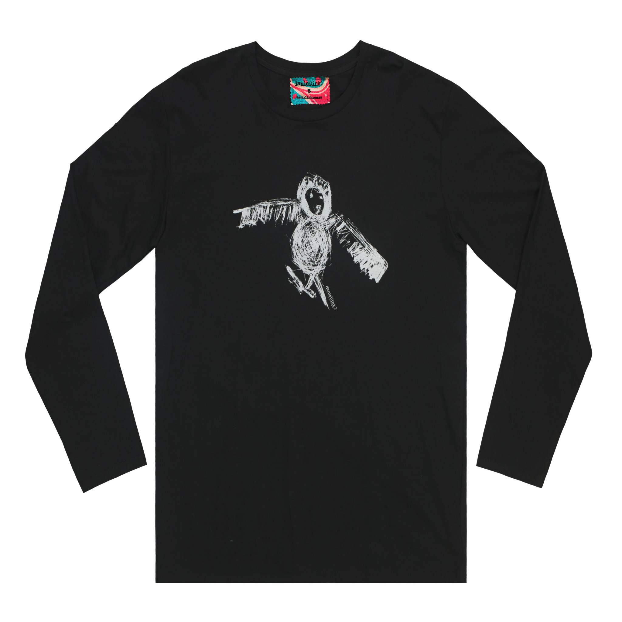 Men's black long sleeve shirt featuring a hand drawn sketch of an owl in white. This shirt has a red, white, and blue fabric label on the back of the neck.