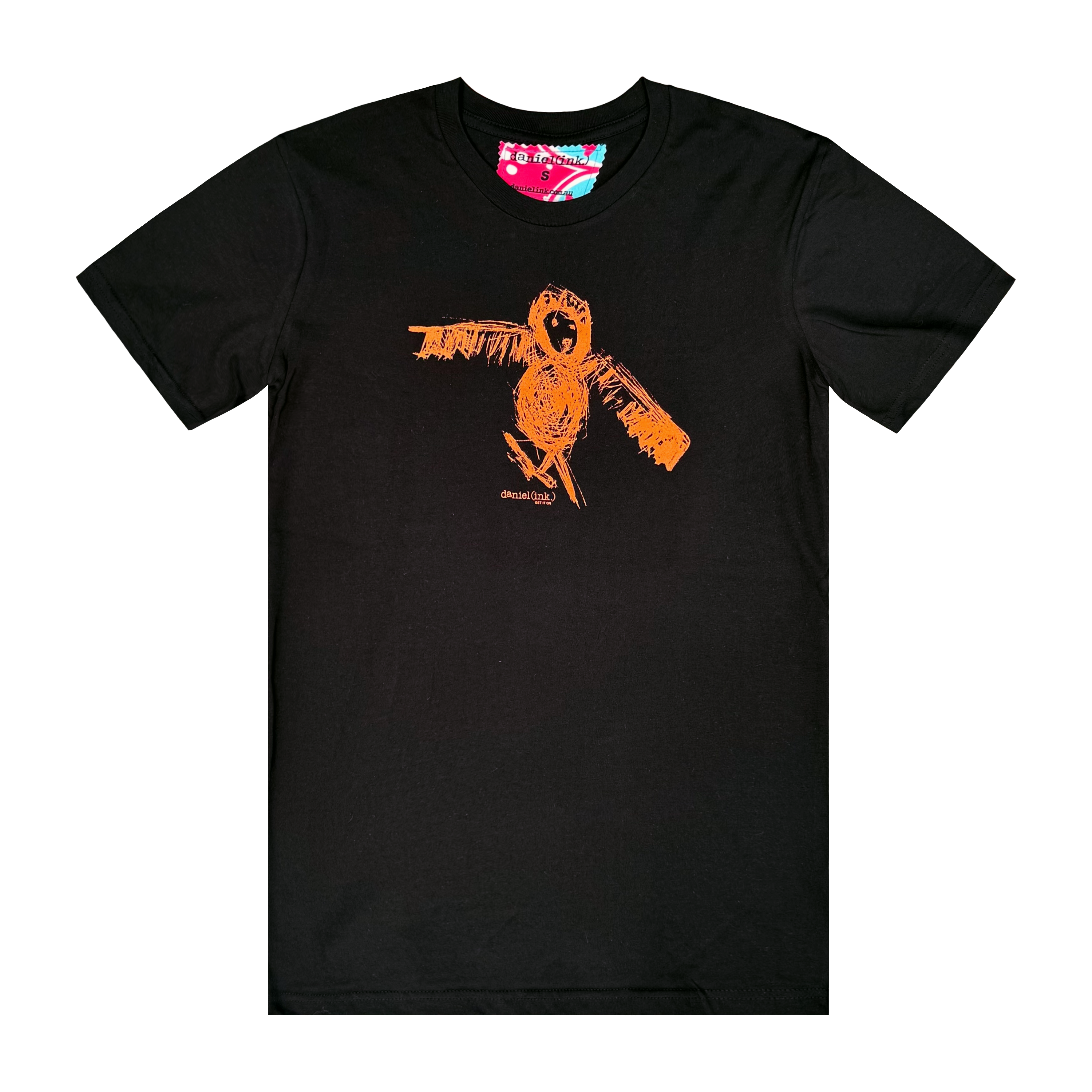 Men's black t-shirt featuring a hand drawn sketch of an owl in orange. This t-shirt has a red, white, and blue fabric label on the back of the neck.