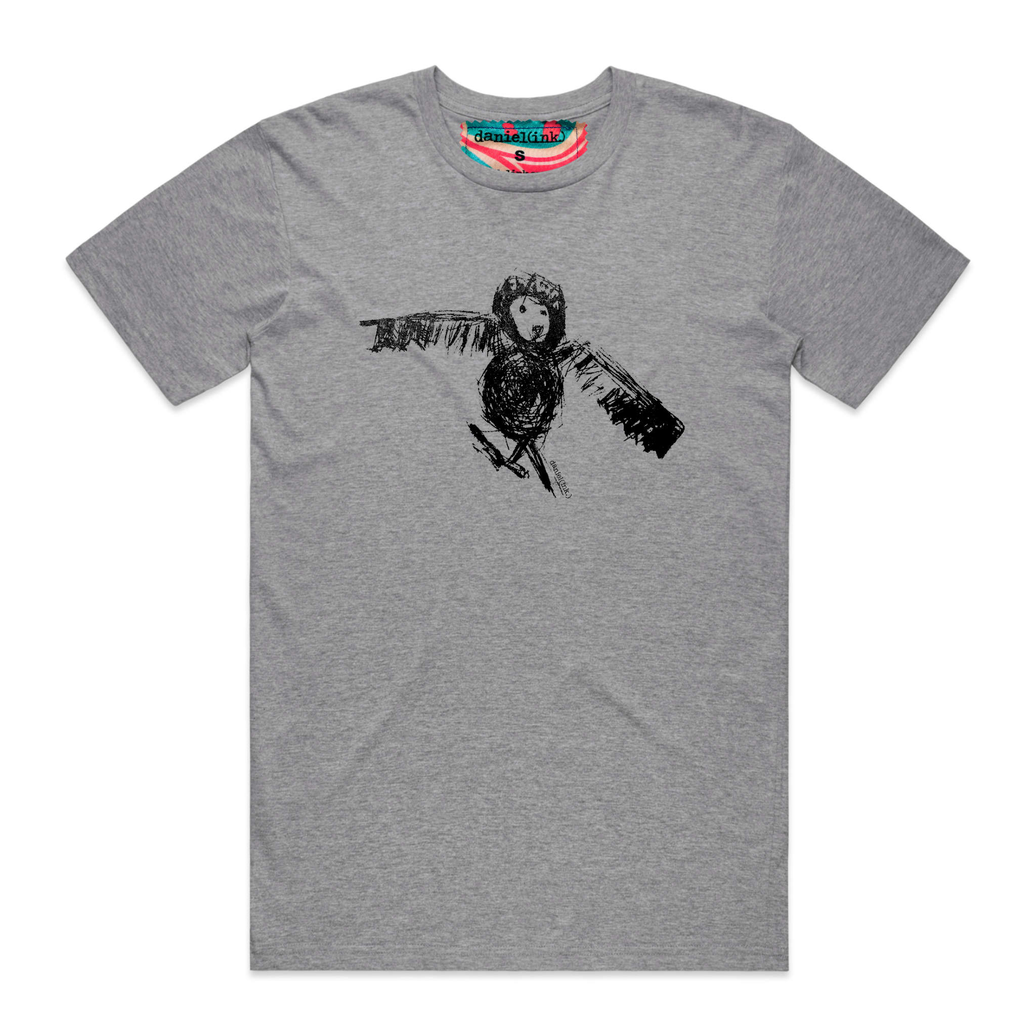 Men's grey t-shirt featuring a hand drawn sketch of an owl in black. This t-shirt has a red, white, and blue fabric label on the back of the neck.
