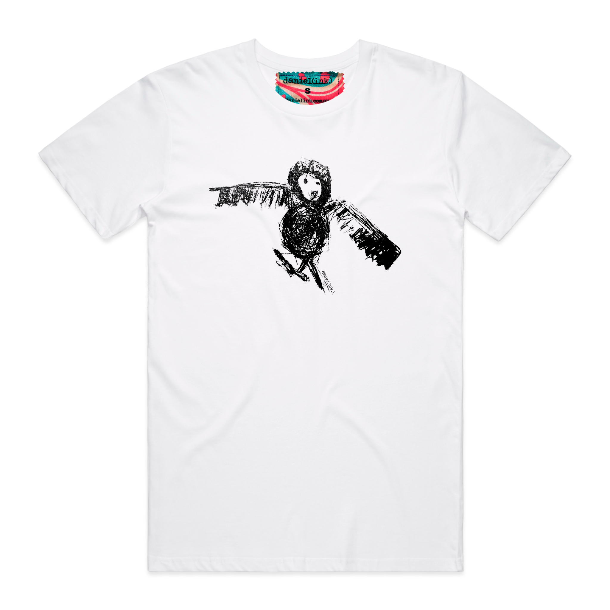 Men's white t-shirt featuring a hand drawn sketch of an owl in black. This t-shirt has a red, white, and blue fabric label on the back of the neck.