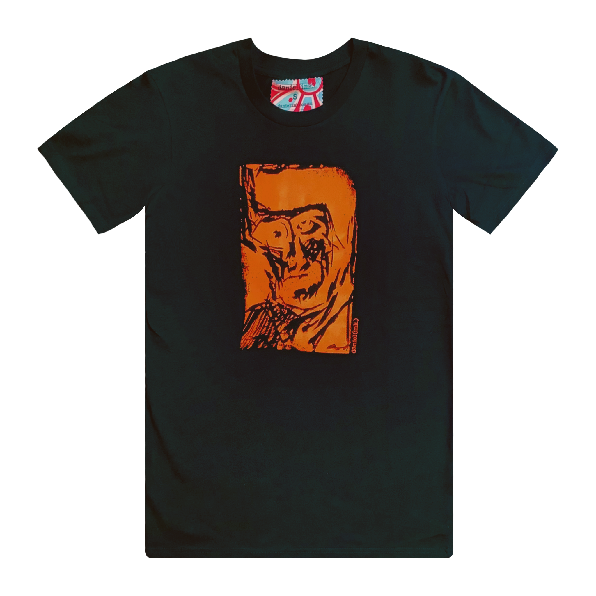 Men's black t-shirt featuring a hand drawn sketch of an abstract face in orange. This t-shirt has a red, white, and blue fabric label on the back of the neck.