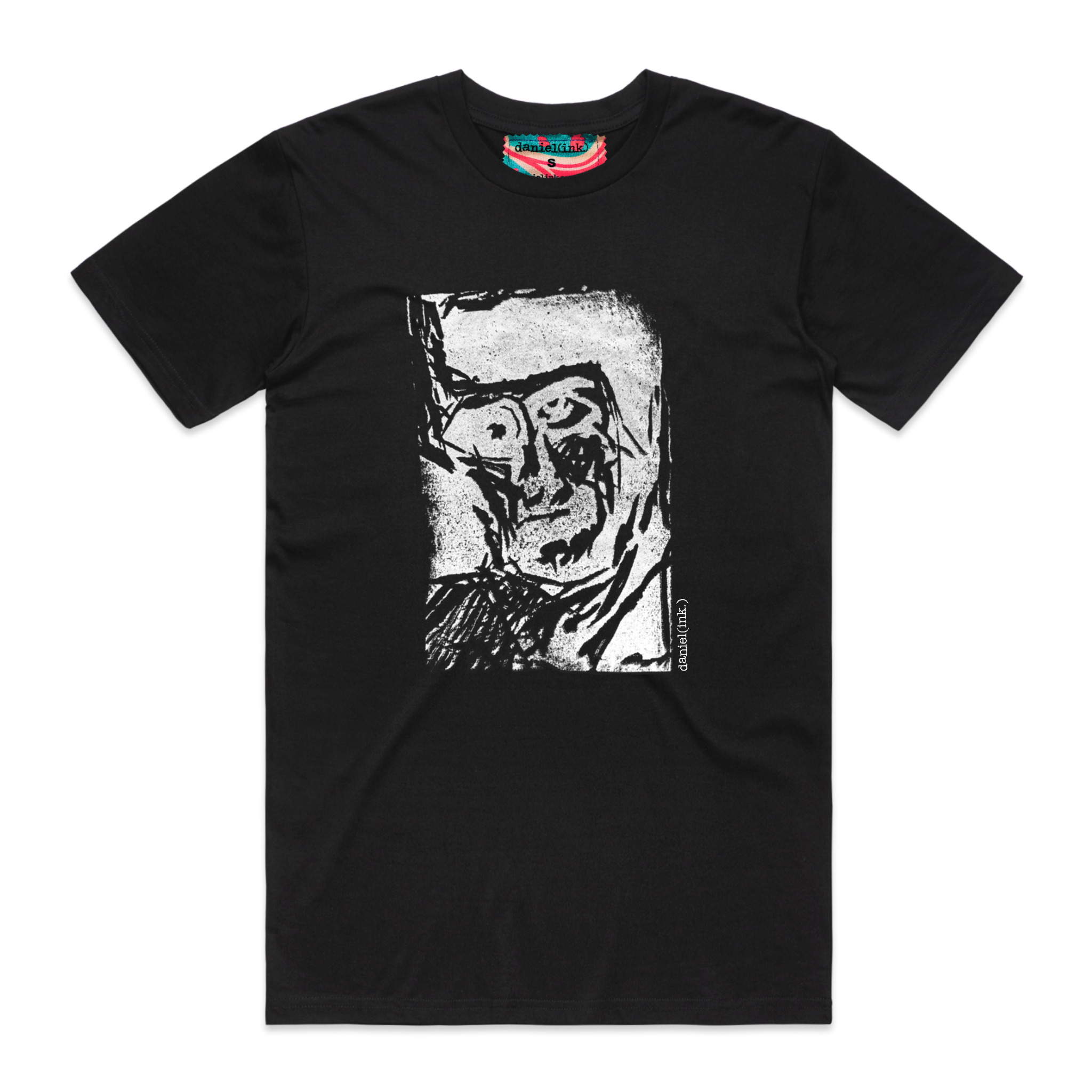 Men's black t-shirt featuring a hand drawn sketch of an abstract face in white. This t-shirt has a red, white, and blue fabric label on the back of the neck.