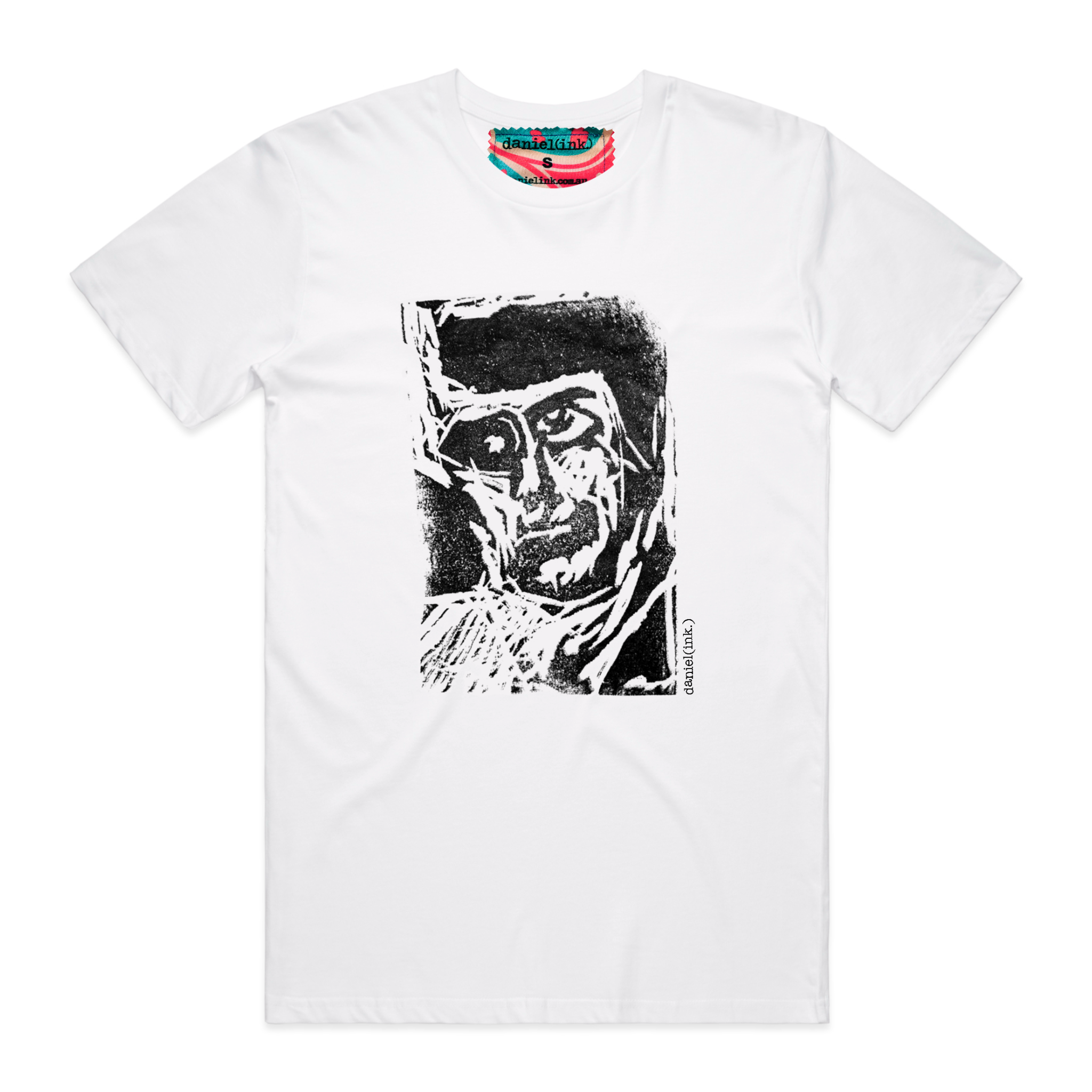 Men's white t-shirt featuring a hand drawn sketch of an abstract face in black. This t-shirt has a red, white, and blue fabric label on the back of the neck.