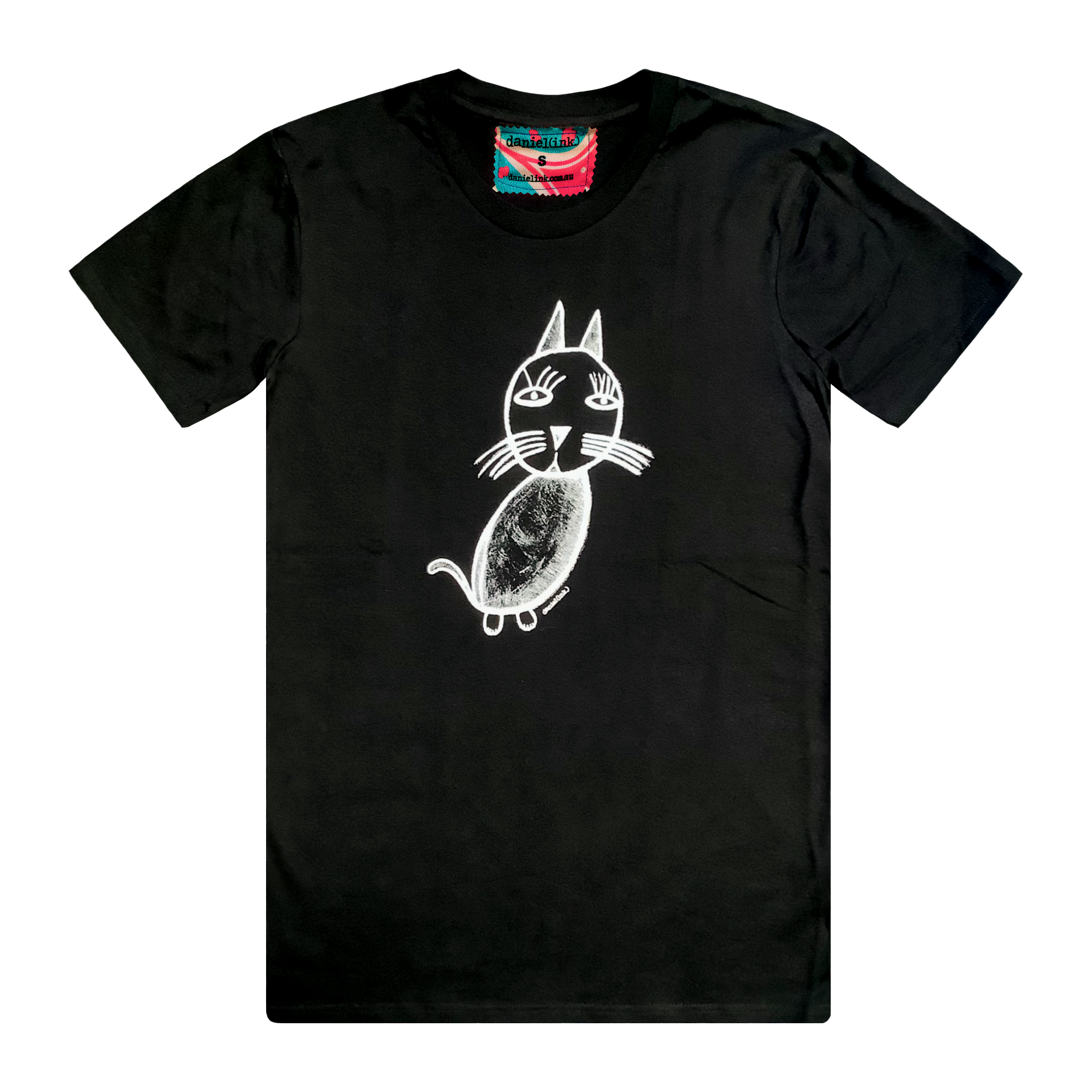 Men's black t-shirt featuring a hand drawn sketch of a cat in white. This t-shirt has a red, white, and blue fabric label on the back of the neck.