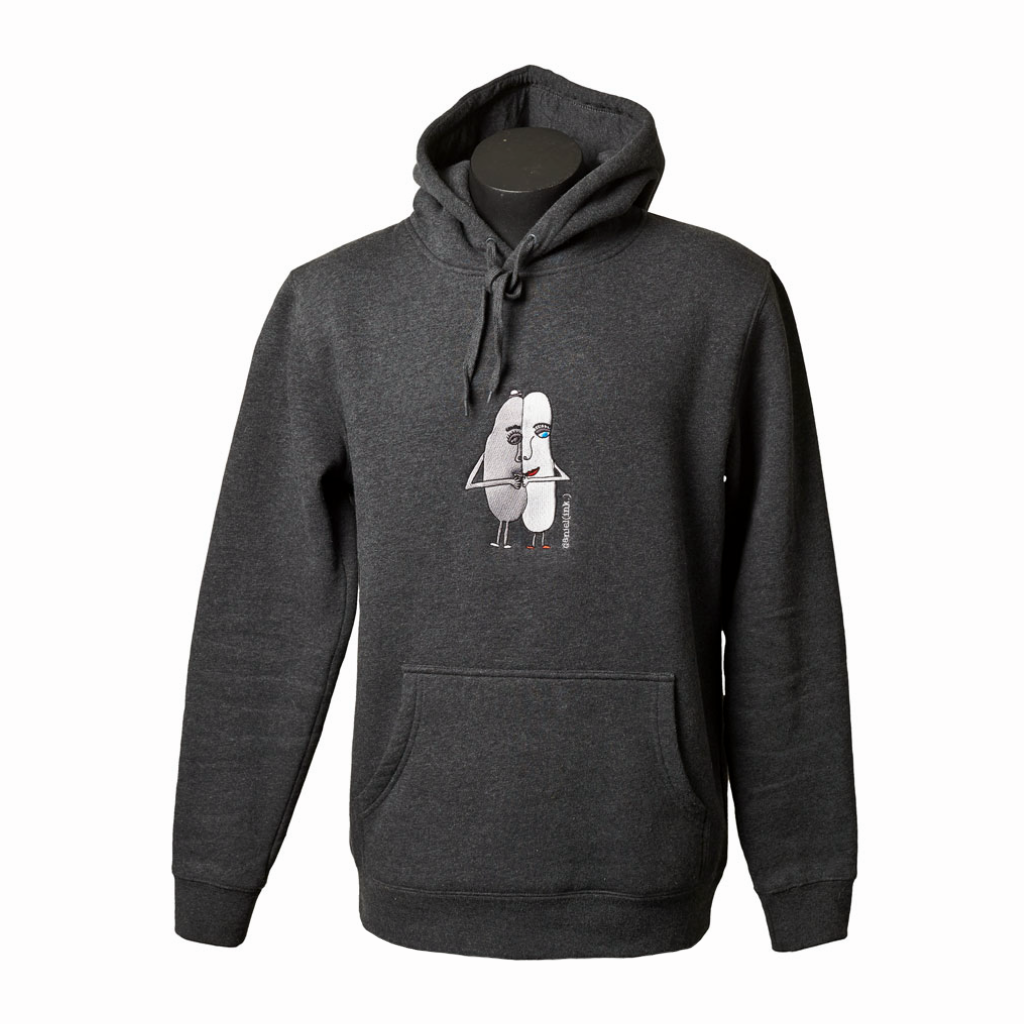 Unisex asphalt hoodie featuring an embroidered image of two oval-shaped humanoid figures merged side by side and holding hands in silver. The name daniel(ink.) is embroidered in silver thread to the right of the figures.
