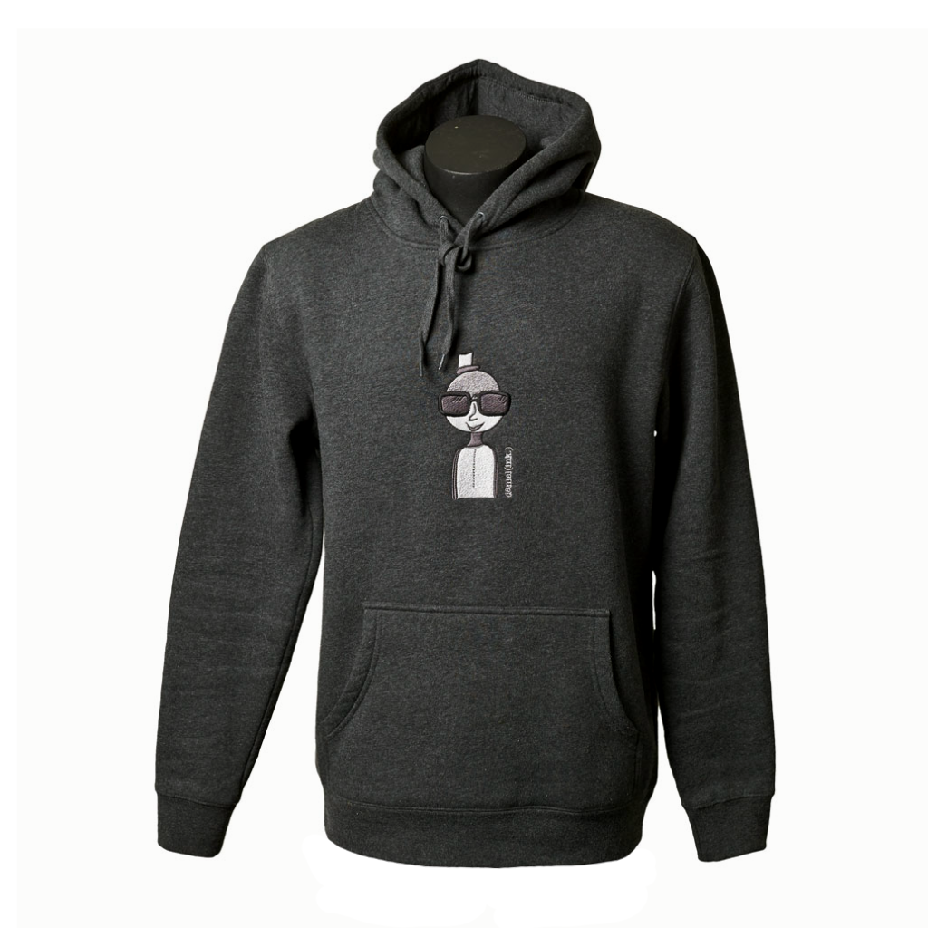 Unisex asphalt coloured hoodie featuring an embroidered image of a person in silver and black. The person is wearing a small top hat and big sunglasses. The name daniel(ink.) is embroidered in silver thread to the right of the person.