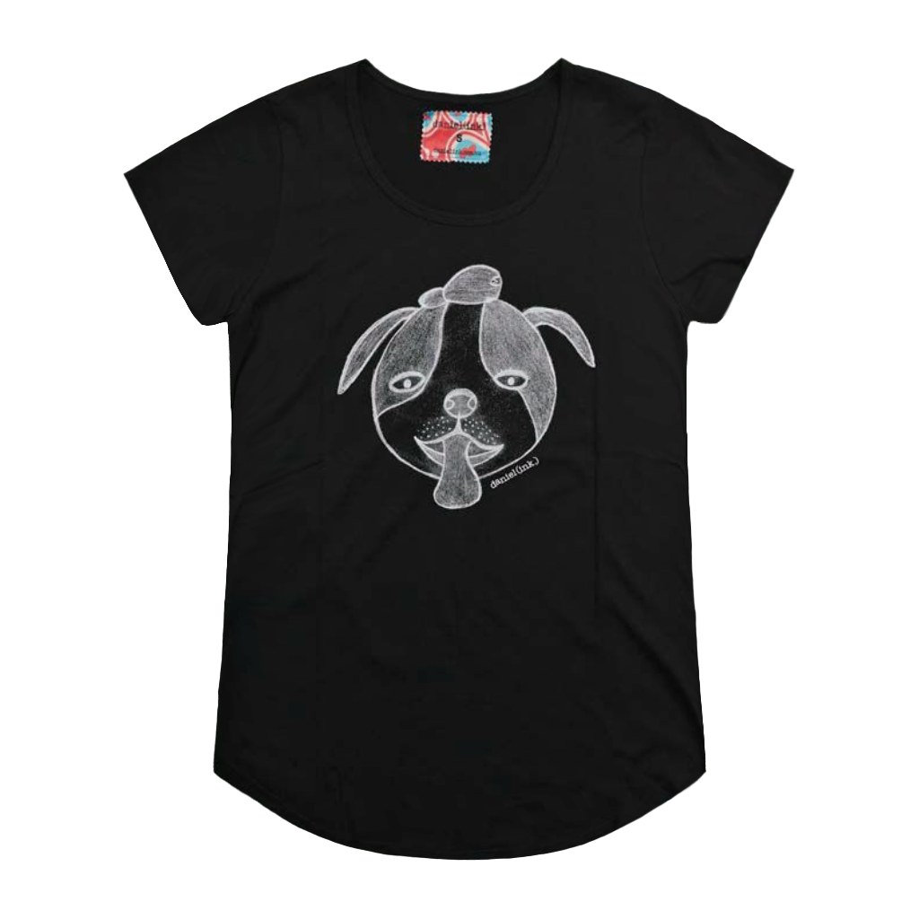 Black short sleeve women's t-shirt featuring a hand drawn sketch of a dog’s face in white. The dog has a round head, floppy ears, wide eyes, and its tongue is sticking out. The t-shirt has a red, white, and blue fabric label on the back of the neck.
