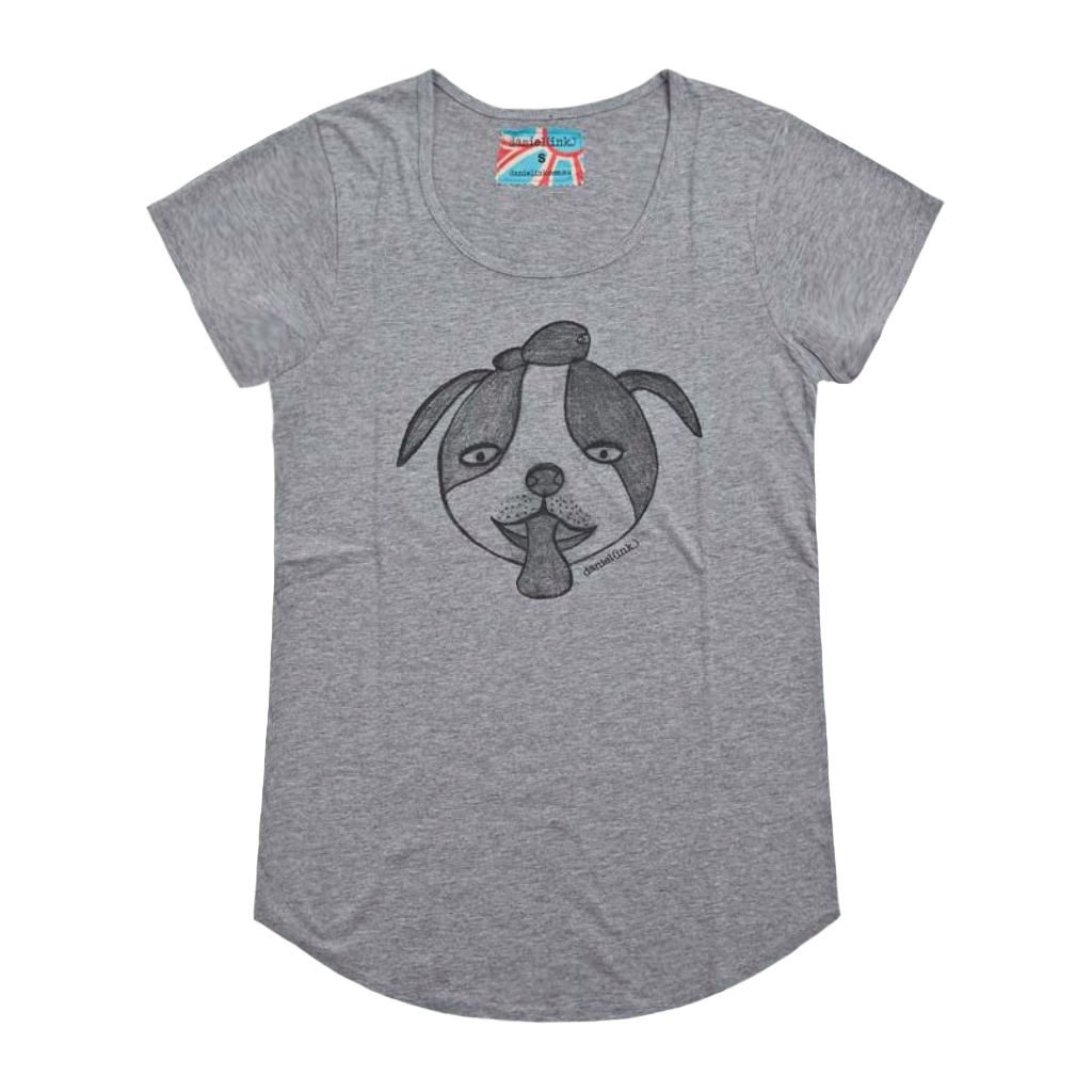 Grey short sleeve women's t-shirt featuring a hand drawn sketch of a dog’s face in black. The dog has a round head, floppy ears, wide eyes, and its tongue is sticking out. The t-shirt has a red, white, and blue fabric label on the back of the neck.
