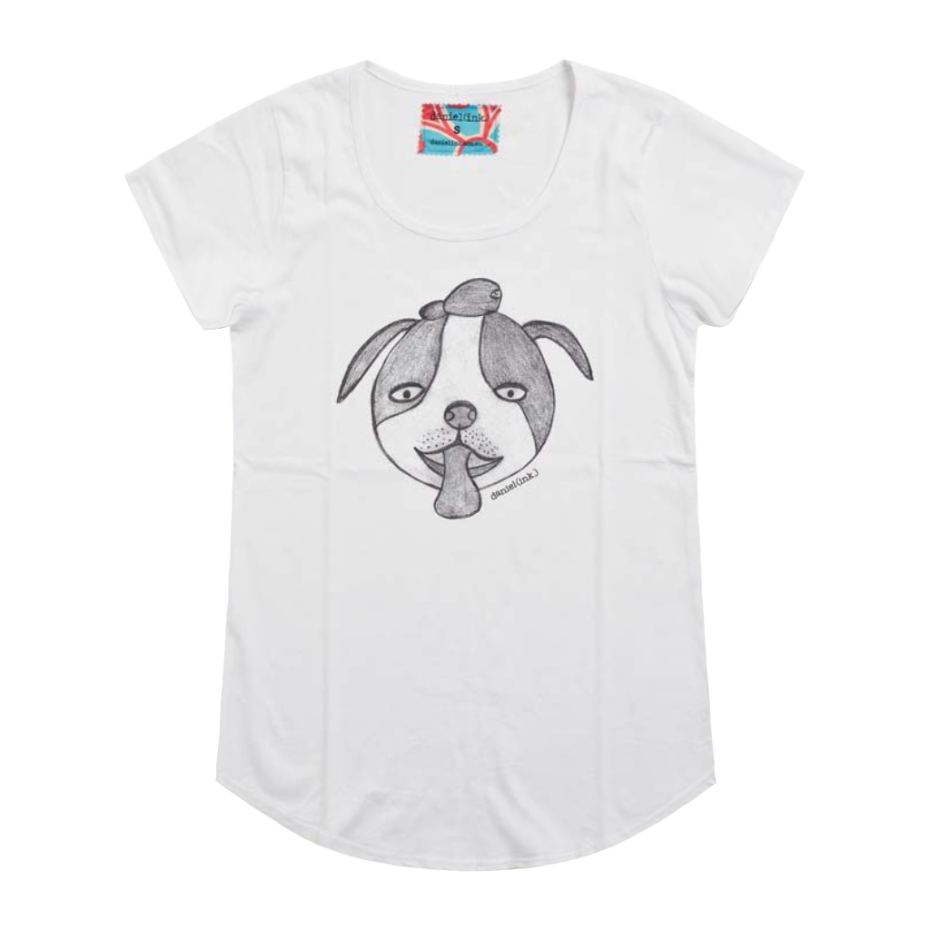 White short sleeve women's t-shirt featuring a hand drawn sketch of a dog’s face in black. The dog has a round head, floppy ears, wide eyes, and its tongue is sticking out. The t-shirt has a red, white, and blue fabric label on the back of the neck.
