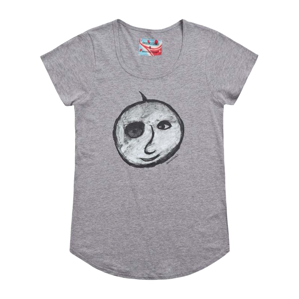 Grey short sleeve women's t-shirt featuring a hand drawn charcoal sketch of an apple with a face in black and white. The t-shirt has a red, white, and blue fabric label on the back of the neck.