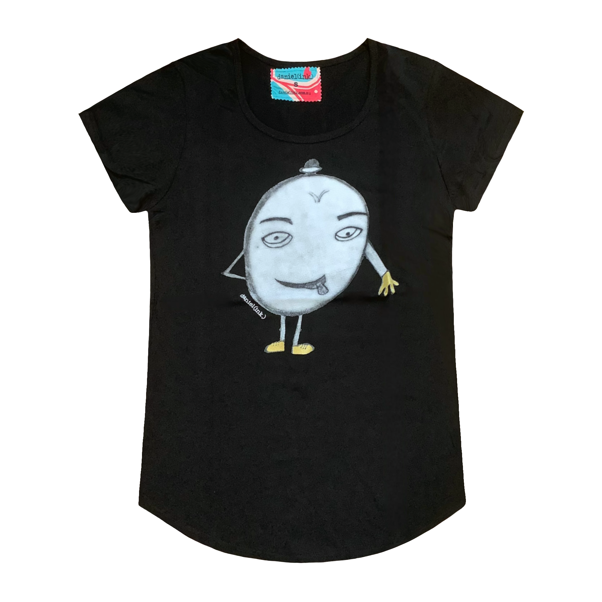 Black short sleeve women's t-shirt featuring a hand-drawn picture of a humanoid egg man. The egg man is wearing a black bowler hat, gold gloves, and gold shoes, and is sticking his tongue out. There is a blue, white, and red fabric label on the back of the neck.