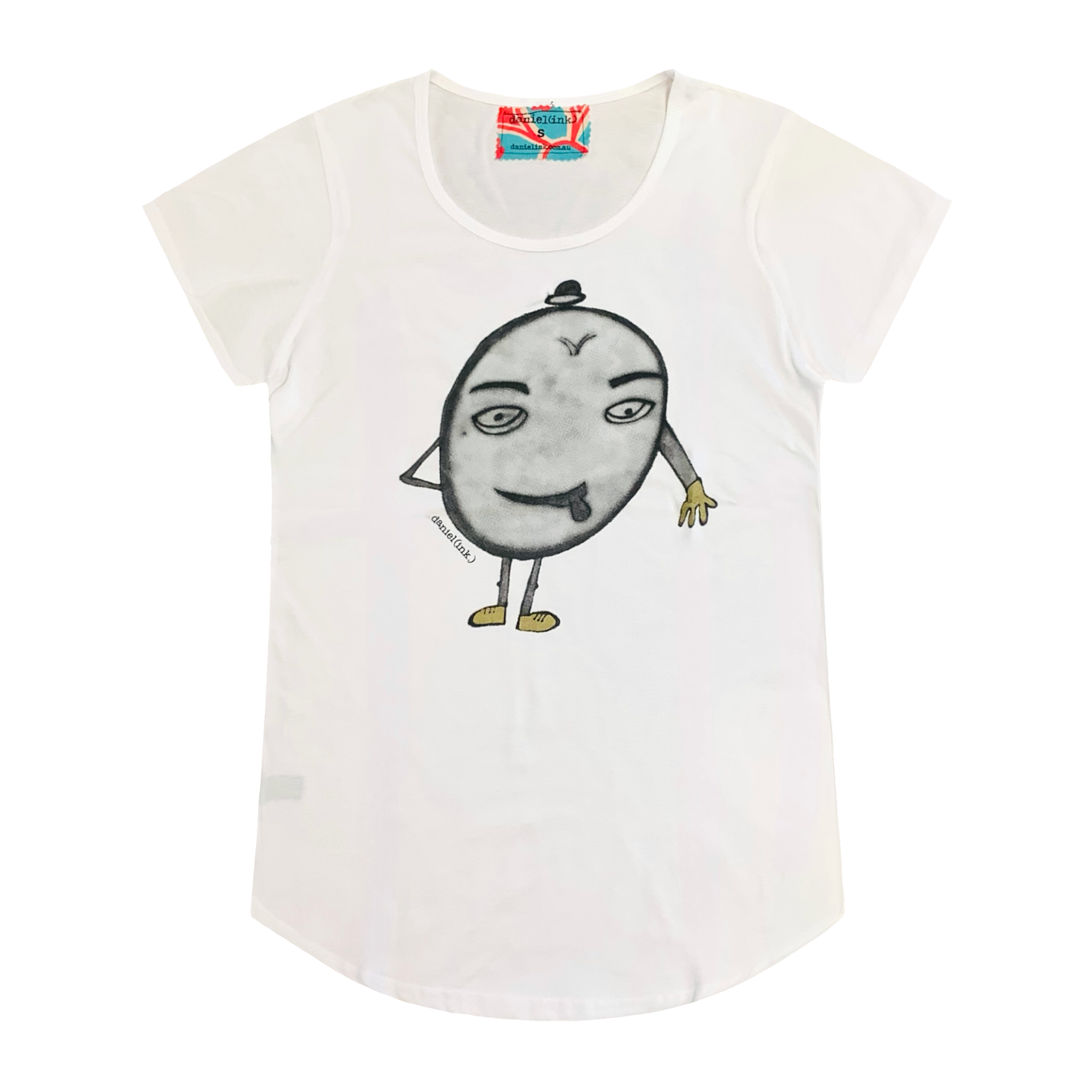 White short sleeve women's t-shirt featuring a hand-drawn picture of a humanoid egg man. The egg man is wearing a black bowler hat, gold gloves, and gold shoes, and is sticking his tongue out. There is a blue, white, and red fabric label on the back of the neck.