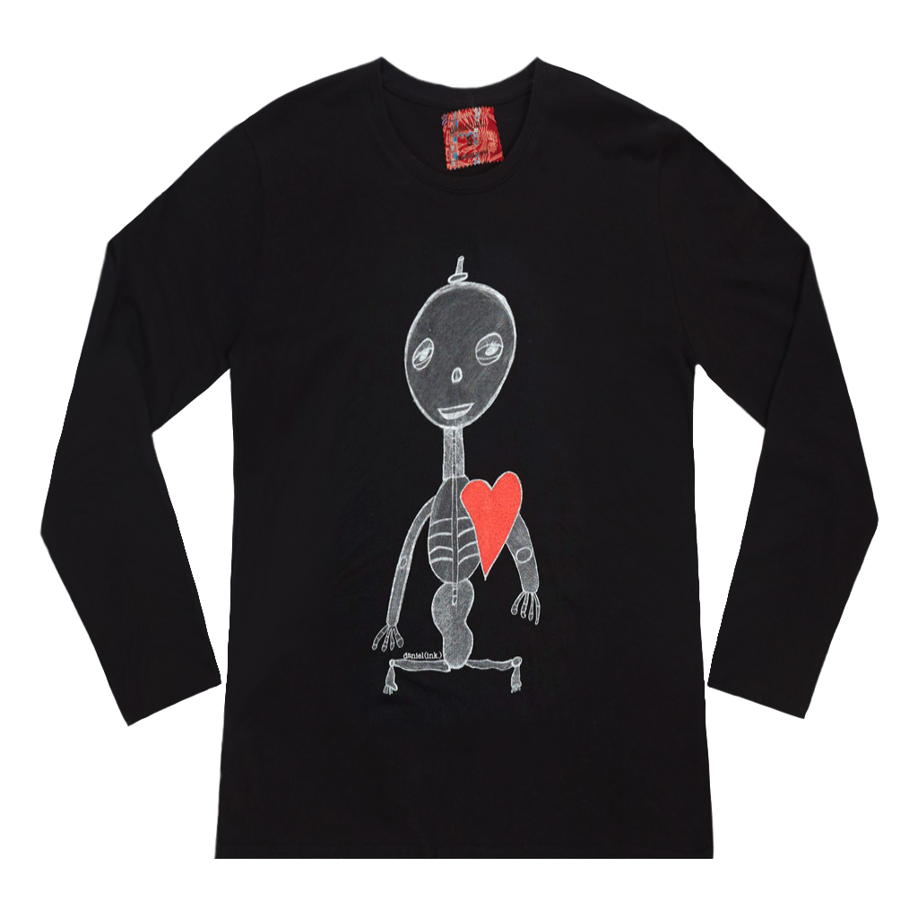 Black long sleeve women's shirt featuring a hand drawn sketch of a skeleton with a red heart. The shirt has a red fabric label on the back of the neck.