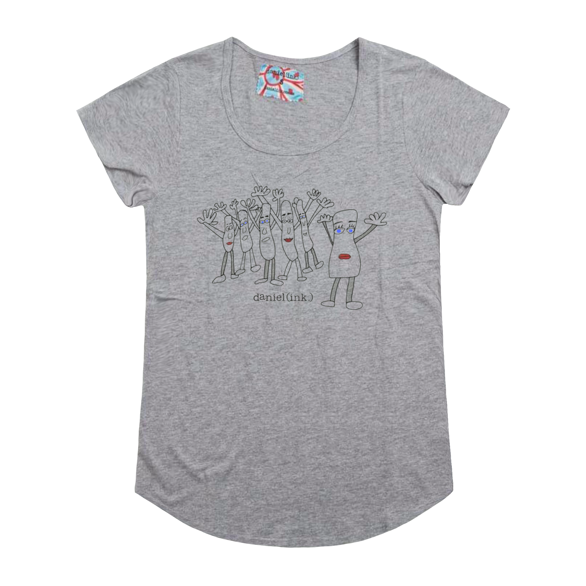 Grey short sleeve women's t-shirt featuring a hand drawn sketch of six humanoid sausage people standing next to each other. The sausage people have their arms in the air, waving happily. The t-shirt has a blue, white, and red fabric label on the back of the neck.