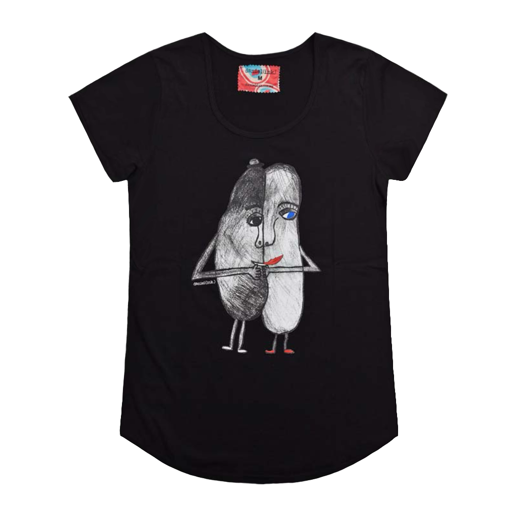Black short sleeve women's t-shirt featuring a hand drawn sketch of two oval-shaped humanoid figures merged side by side and holding hands. The humanoid figure on the left is wearing a bowler hat and the humanoid figure on the right has red lips. The t-shirt has a blue, white, and red fabric label on the back of the neck.
