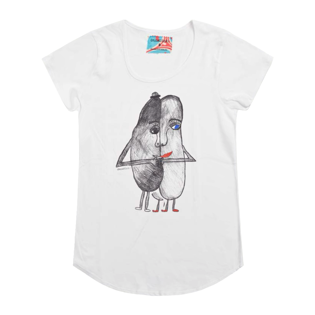 White short sleeve women's t-shirt featuring a hand drawn sketch of two oval-shaped humanoid figures merged side by side and holding hands. The humanoid figure on the left is wearing a bowler hat and the humanoid figure on the right has red lips. The t-shirt has a blue, white, and red fabric label on the back of the neck.