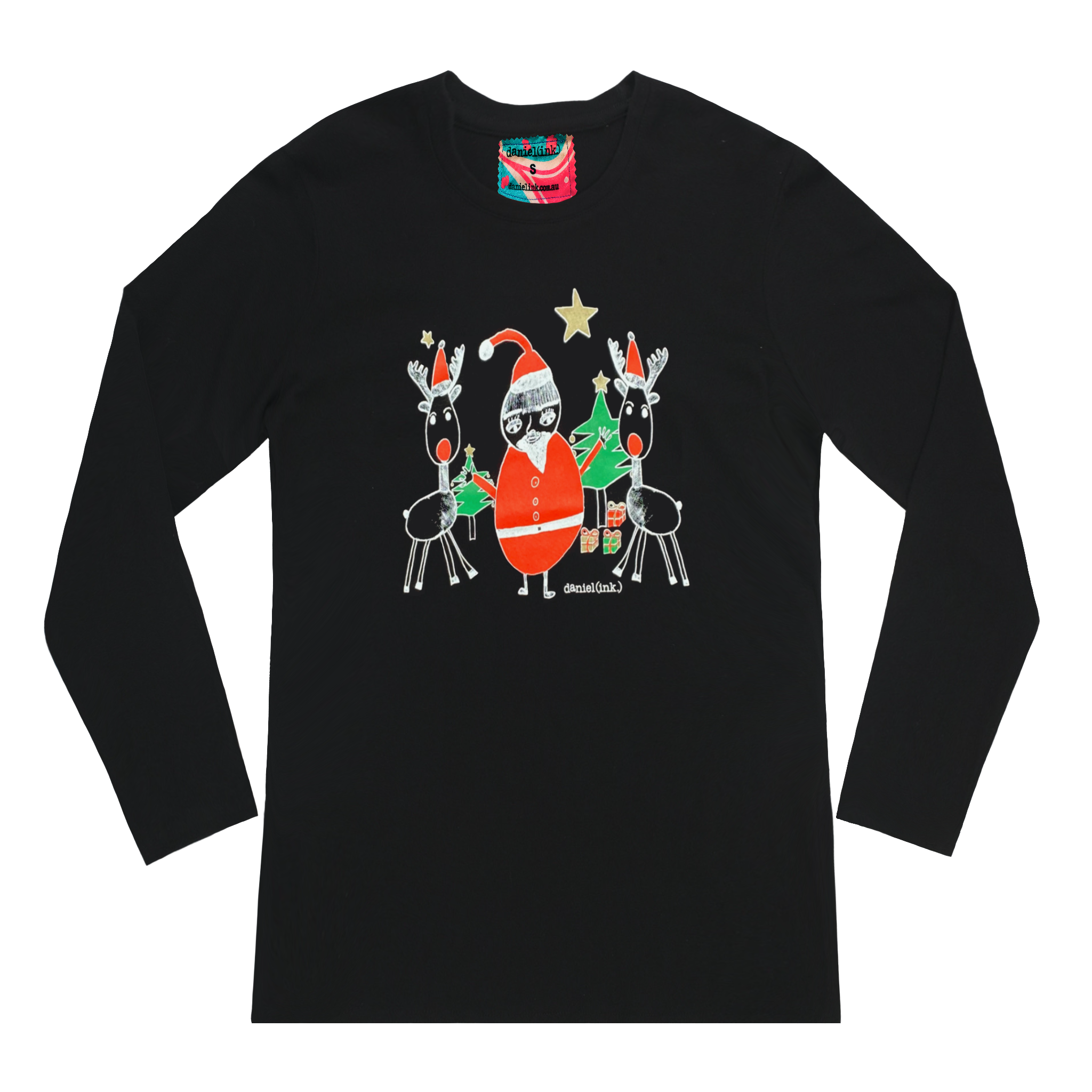 Black long sleeve women's shirt featuring a hand drawn sketch of Santa Claus standing with two reindeer in front of a Christmas tree. Santa Claus is wearing his signature red outfit and the two reindeer either side of him are in red pointy Santa hats. The shirt has a blue, white, and red fabric label on the back of the neck.