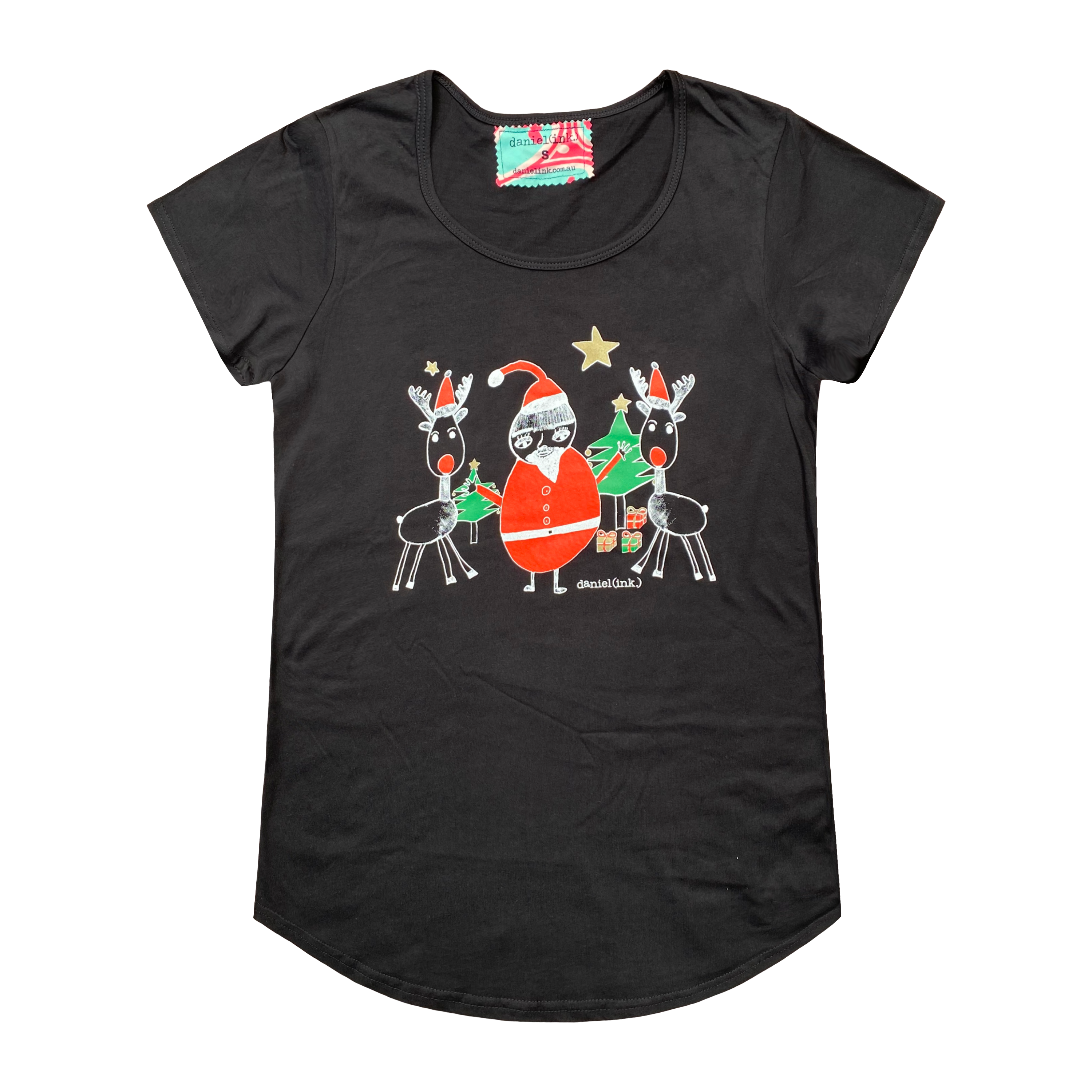 Black short sleeve women's t-shirt featuring a hand drawn sketch of Santa Claus standing with two reindeer in front of a Christmas tree. Santa Claus is wearing his signature red outfit and the two reindeer either side of him are in red pointy Santa hats. The t-shirt has a blue, white, and red fabric label on the back of the neck.