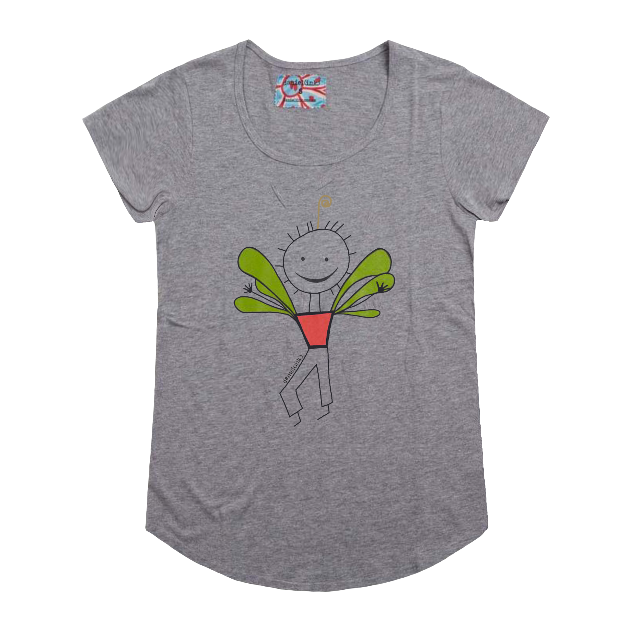 Grey short sleeve women's t-shirt featuring an image of a happy humanoid pot plant. The plant person is smiling and has a red plant pot-shaped torso with long legs and green leaves sprouting from the torso. The t-shirt has a blue, white, and red fabric label on the back of the neck.