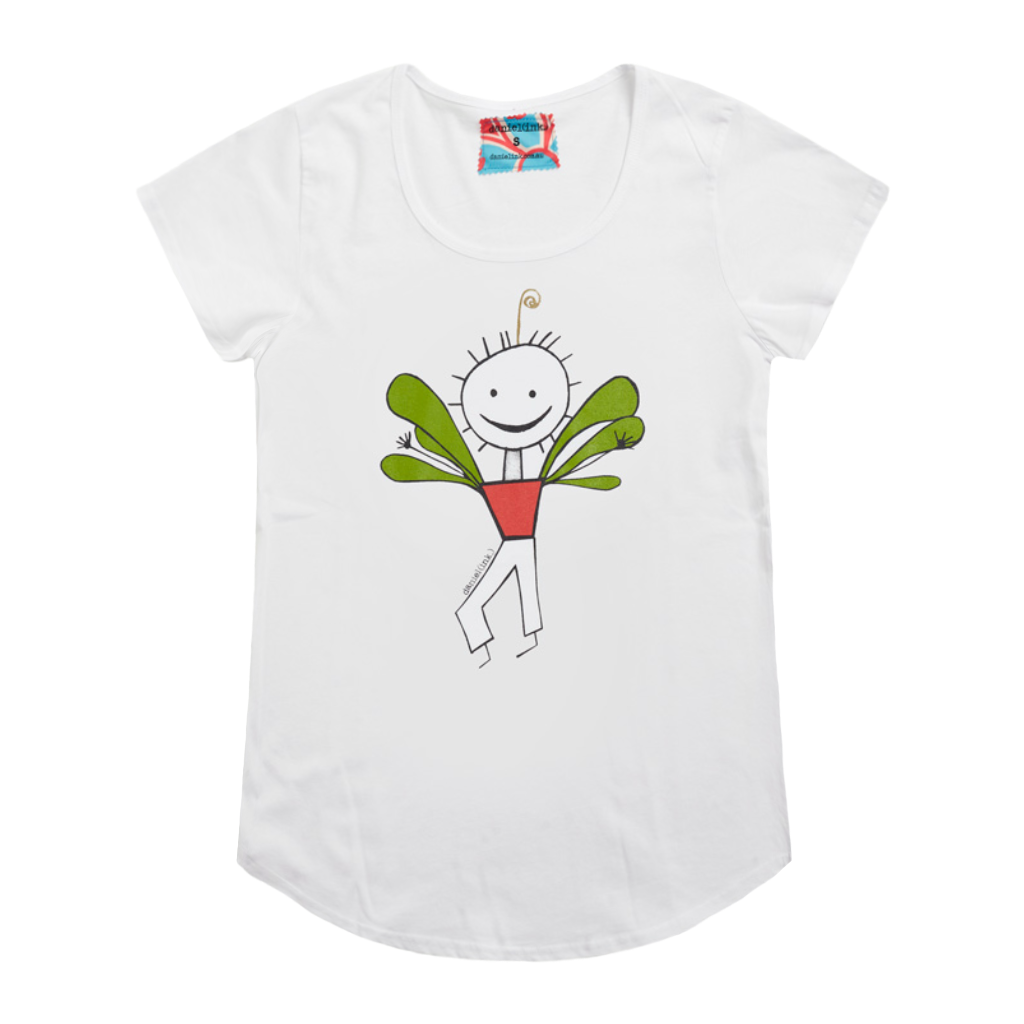 White short sleeve women's t-shirt featuring an image of a happy humanoid pot plant. The plant person is smiling and has a red plant pot-shaped torso with long legs and green leaves sprouting from the torso. The t-shirt has a blue, white, and red fabric label on the back of the neck.