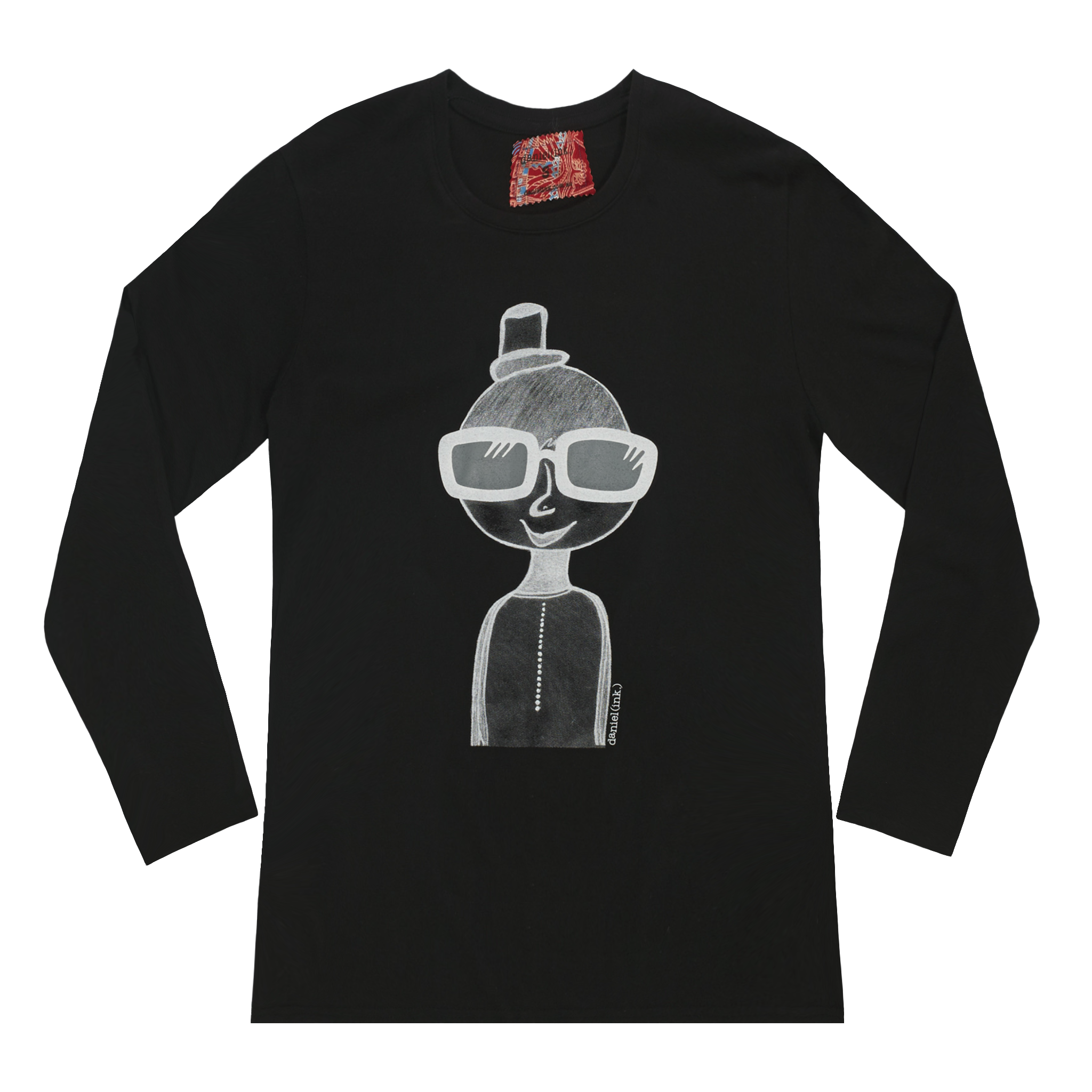 Black long sleeve women's shirt featuring a hand drawn sketch of a person in white. The person is wearing a small top hat and big sunglasses. The shirt has a red fabric label on the back of the neck.