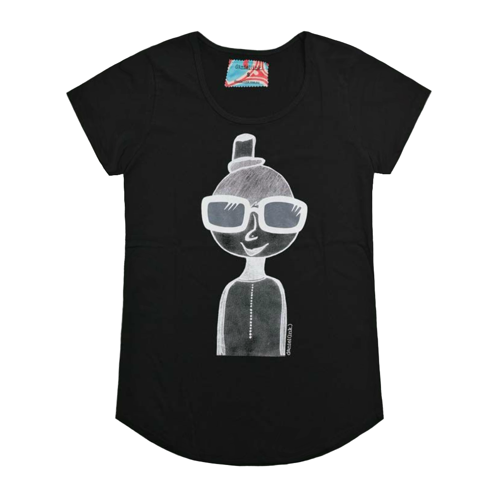 Black short sleeve women's t-shirt featuring a hand drawn sketch of a person in white. The person is wearing a small top hat and big sunglasses. The t-shirt has a blue, white, and red fabric label on the back of the neck.