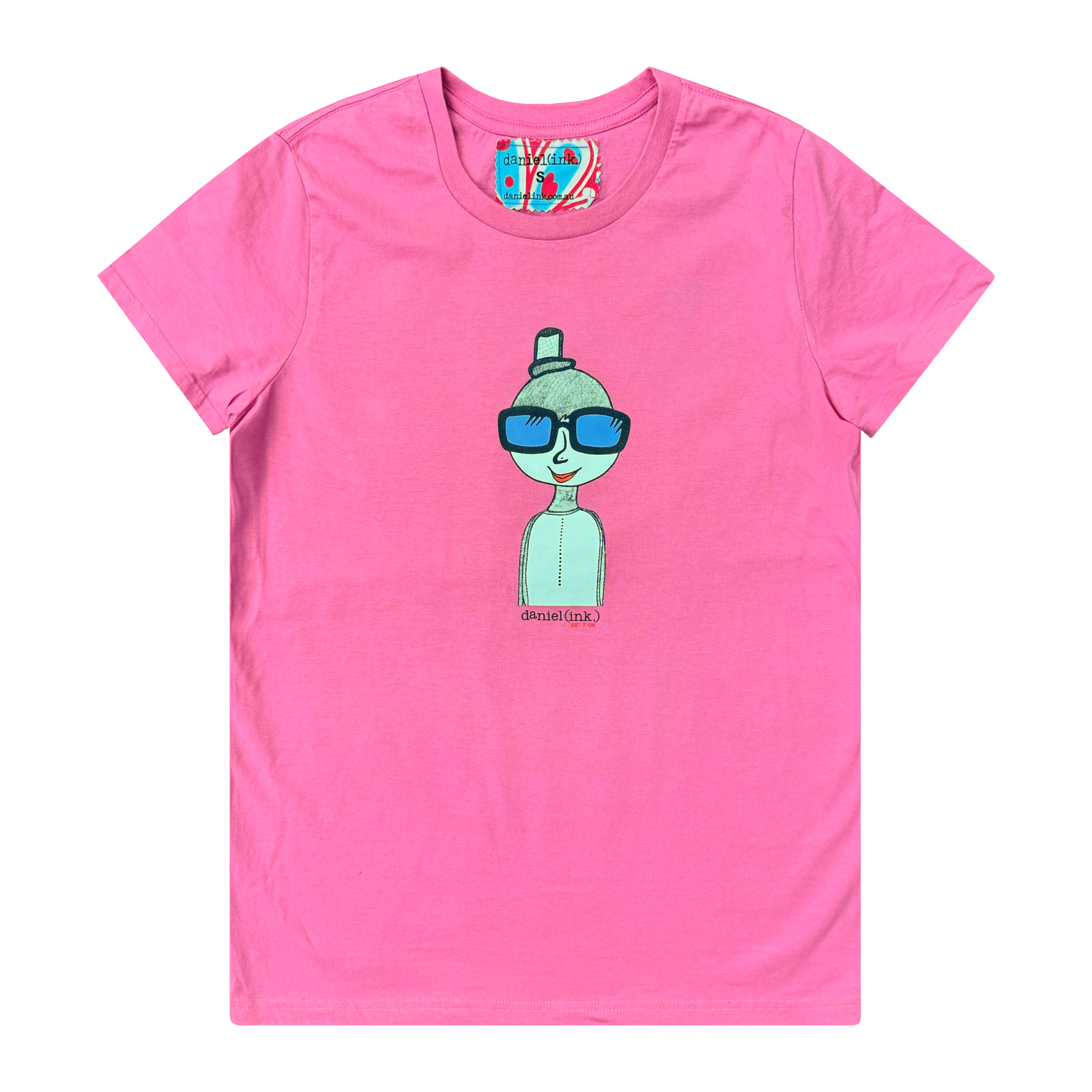 Pink short sleeve women's t-shirt featuring a hand drawn sketch of a person. The person is wearing a small top hat, big sunglasses with blue lenses, and has red lips. The t-shirt has a blue, white, and red fabric label on the back of the neck.