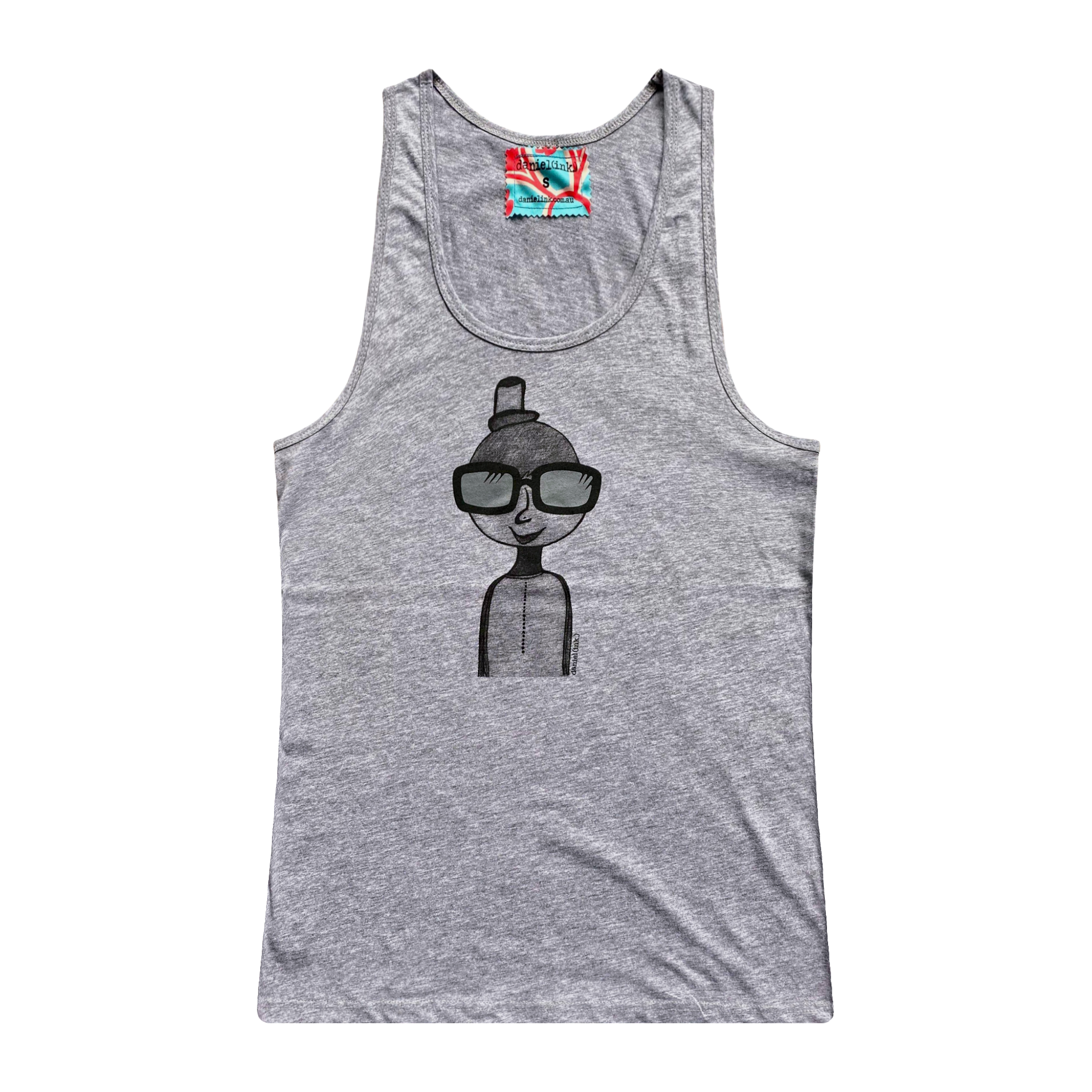 Women’s grey tank top featuring a hand drawn sketch of a person in black. The person is wearing a small top hat and big sunglasses. This tank top has a red, white, and blue fabric label on the back of the neck.