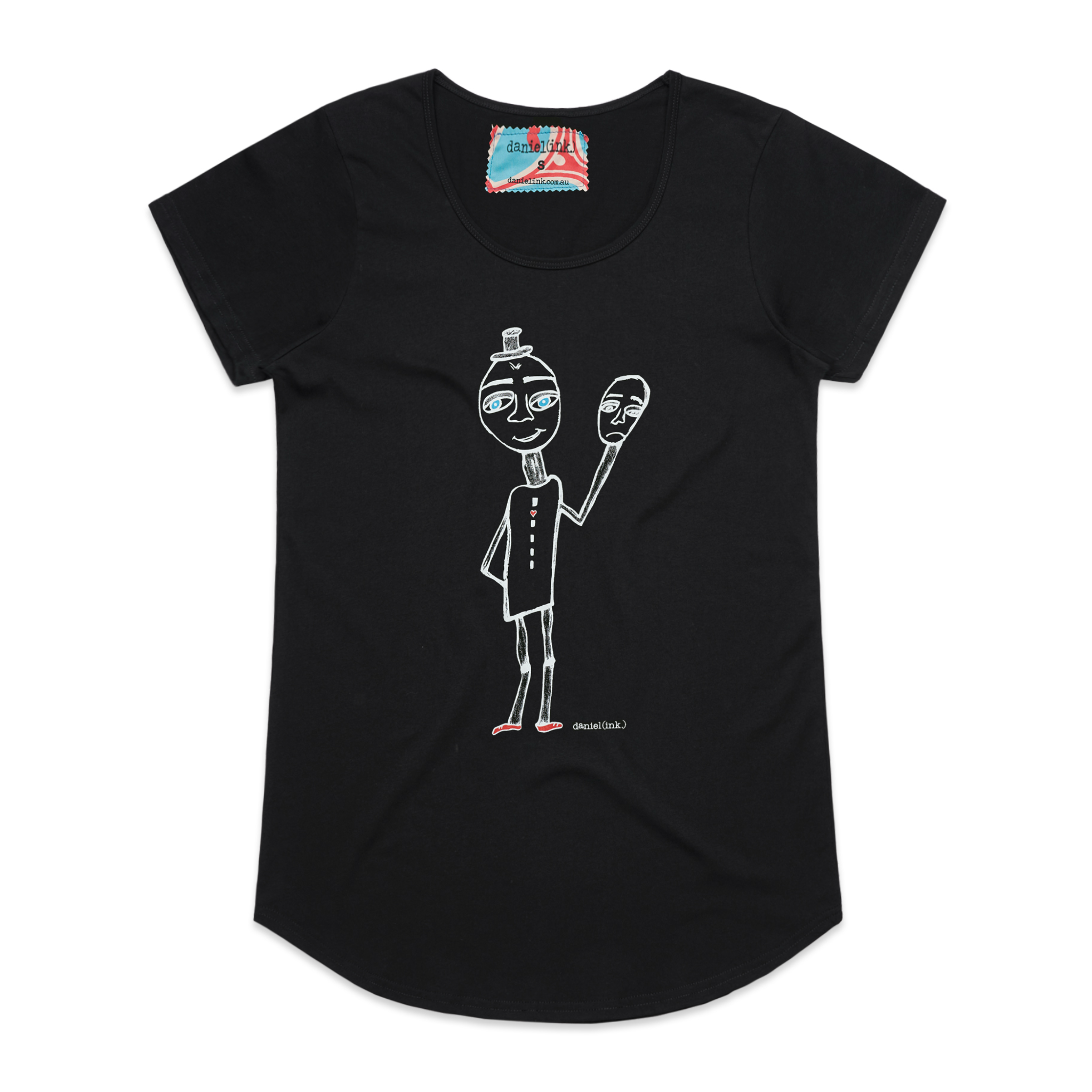 Black short sleeve women's t-shirt featuring a hand drawn sketch of a happy man holding a sad mask in white. The man has a top hat, blue eyes, and red shoes. The t-shirt has a blue, white, and red fabric label on the back of the neck.