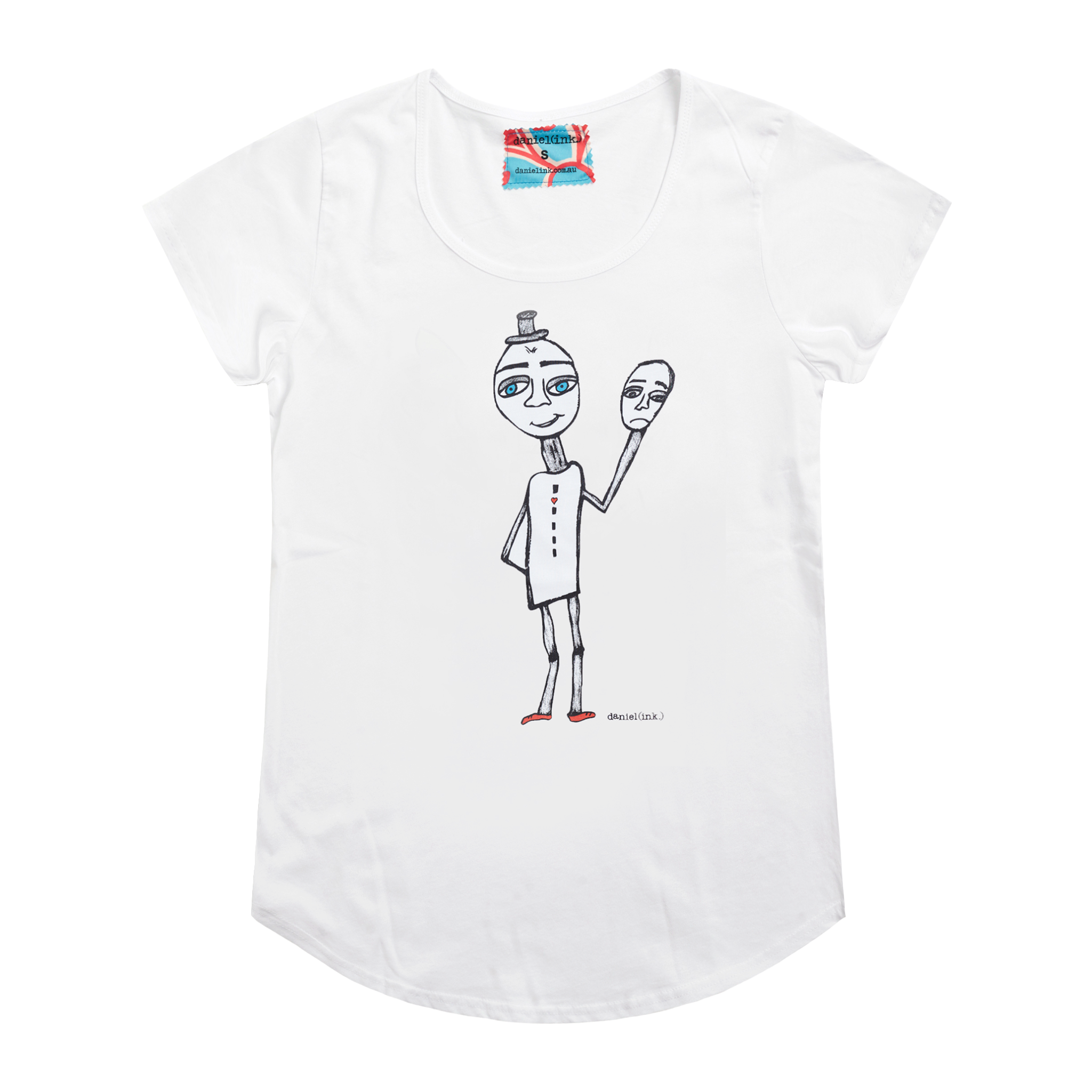 White short sleeve women's t-shirt featuring a hand drawn sketch of a happy man holding a sad mask in black. The man has a top hat, blue eyes, and red shoes. The t-shirt has a blue, white, and red fabric label on the back of the neck.