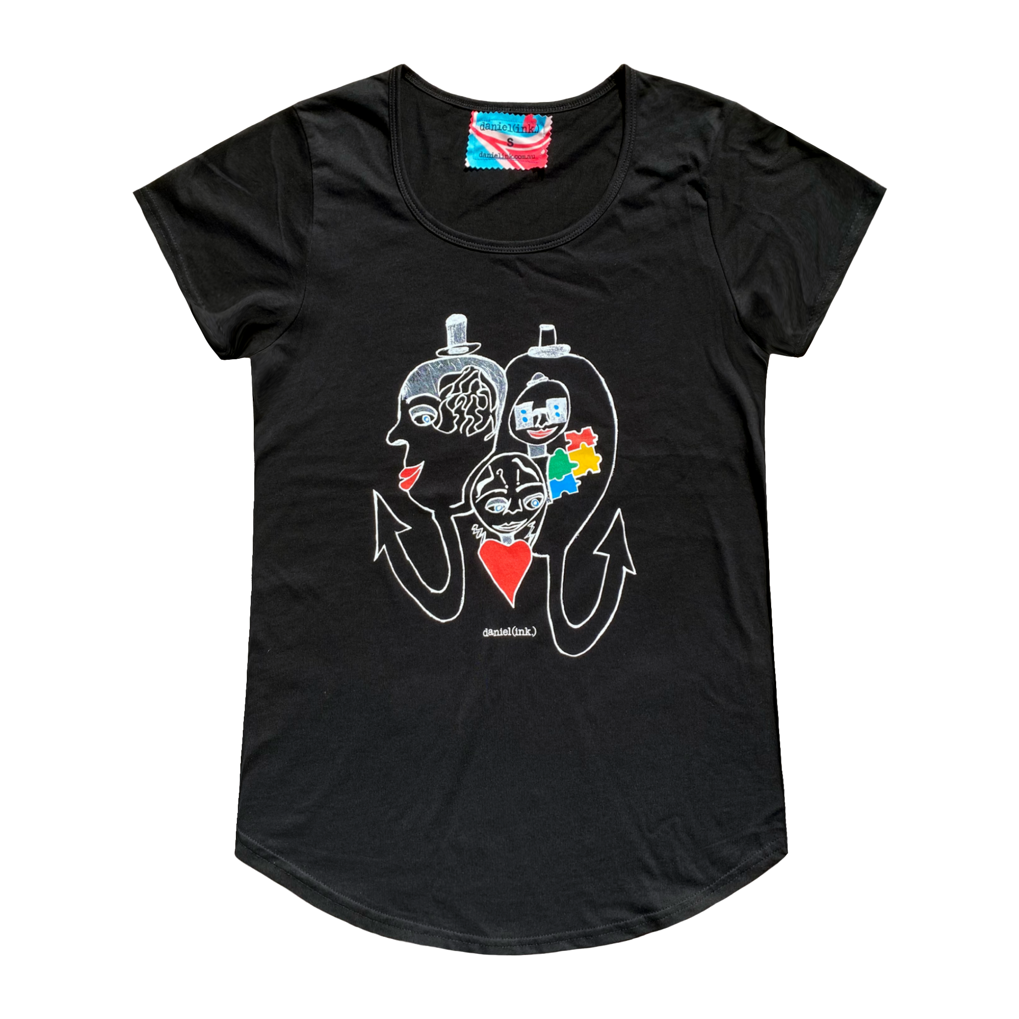Women's black t-shirt featuring a hand drawn abstract sketch of three faces. The three faces are surrounded by different symbols of disability: braille on glasses for blindness, jigsaw pieces for autism, question marks for mental illness, and upward arrows for making progress in treatment and care of disabled people. This t-shirt has a red, white, and blue fabric label on the back of the neck.