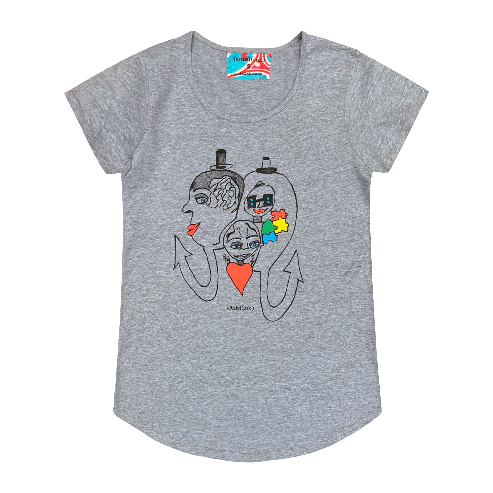 Women's grey t-shirt featuring a hand drawn abstract sketch of three faces. The three faces are surrounded by different symbols of disability: braille on glasses for blindness, jigsaw pieces for autism, question marks for mental illness, and upward arrows for making progress in treatment and care of disabled people. This t-shirt has a red, white, and blue fabric label on the back of the neck.