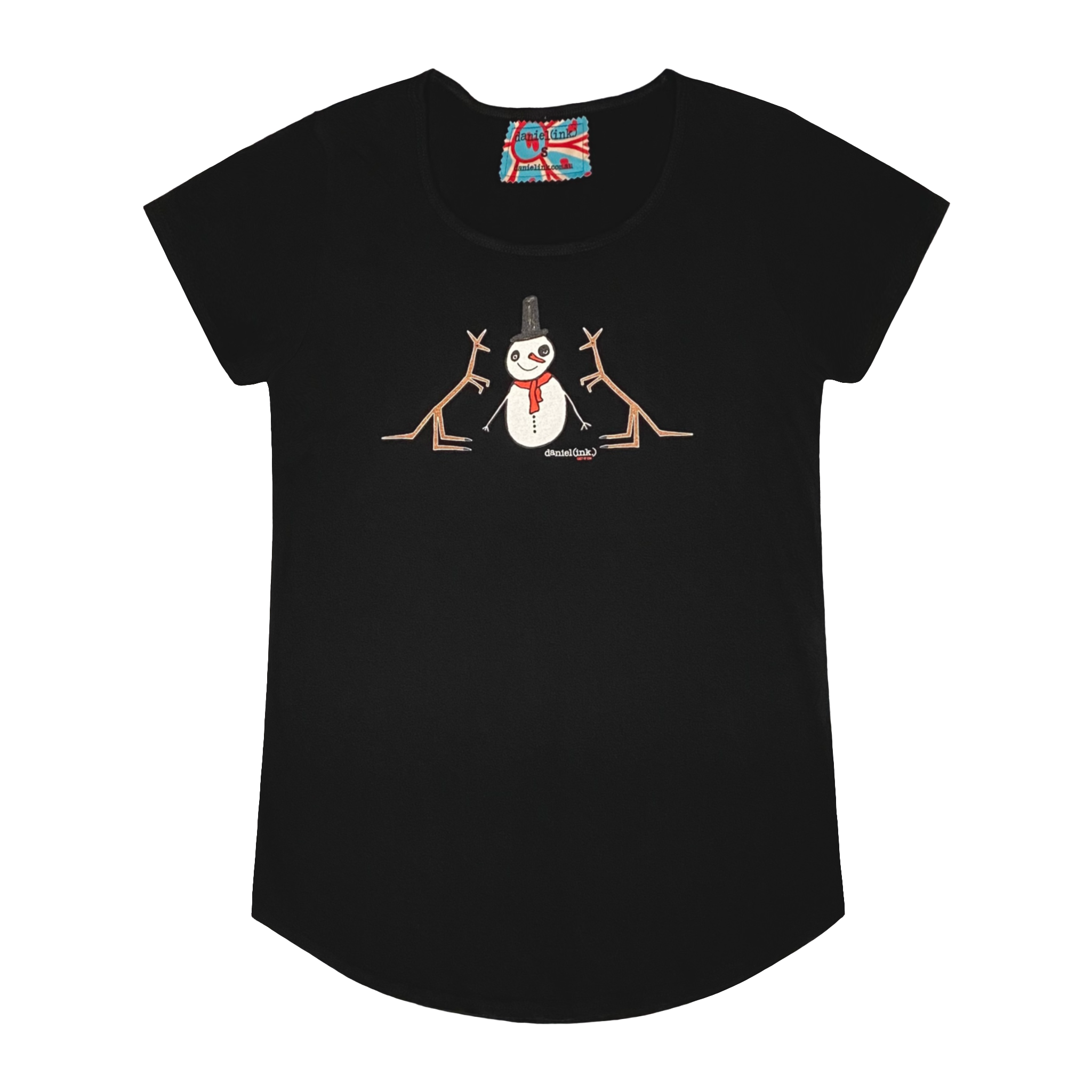 Women's black t-shirt featuring a hand drawn image of a happy snowman standing in front of two kangaroos. The snowman is wearing an orange scarf and black top hat. This t-shirt has a red, white, and blue fabric label on the back of the neck.