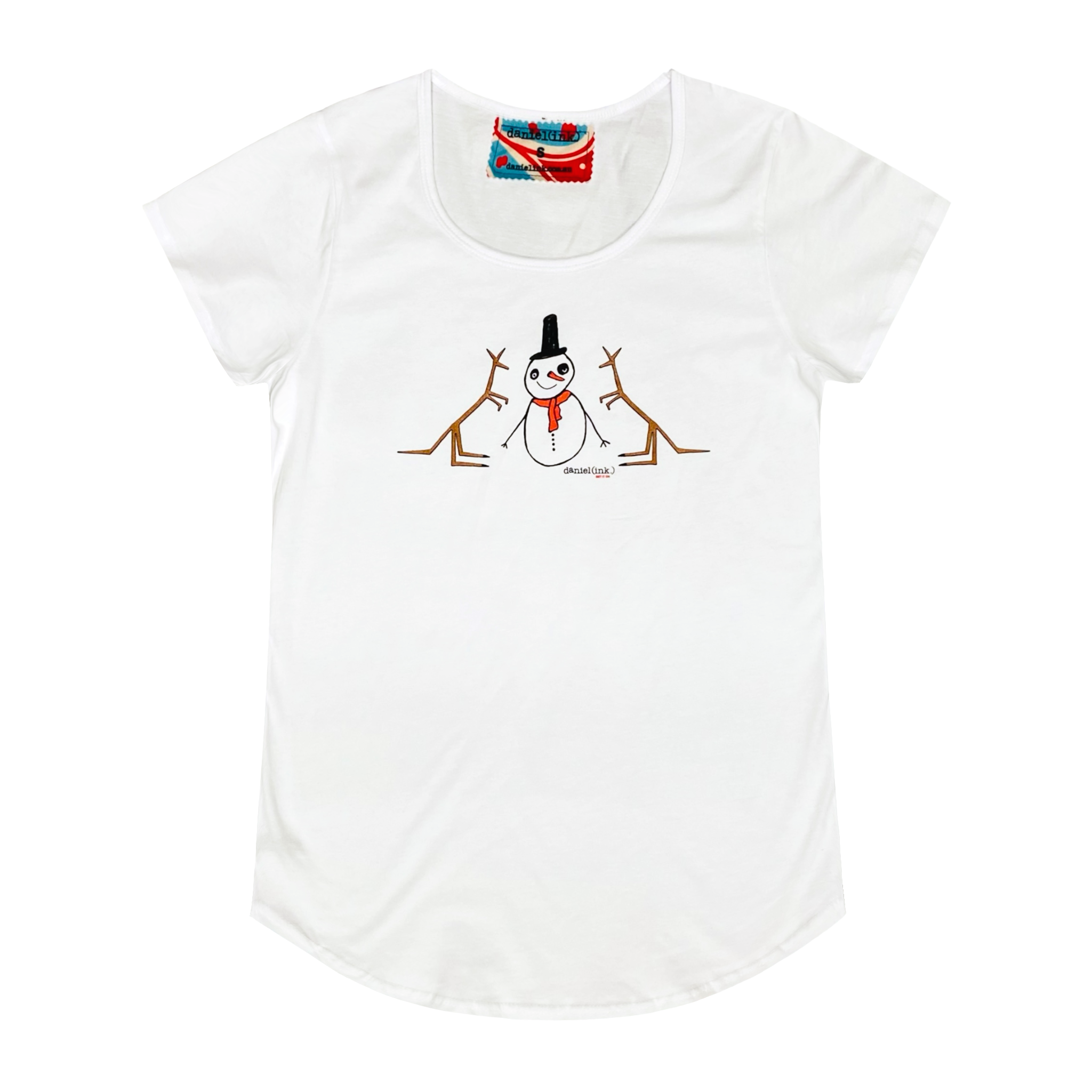 Women's white t-shirt featuring a hand drawn image of a happy snowman standing in front of two kangaroos. The snowman is wearing an orange scarf and black top hat. This t-shirt has a red, white, and blue fabric label on the back of the neck.