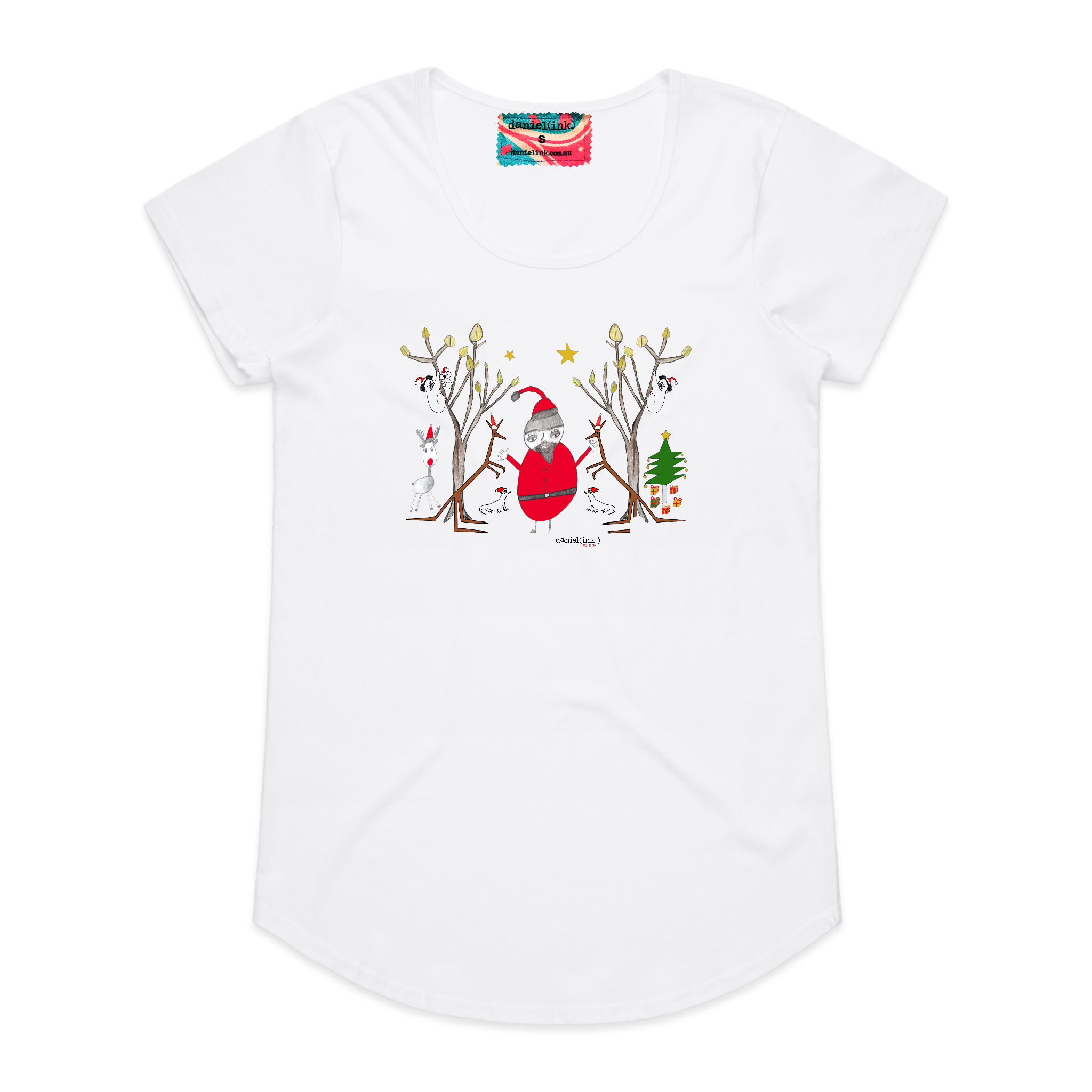Women's white t-shirt featuring a hand drawn image of Santa Claus standing in between two kangaroos and in front of two large gum trees. The kangaroos are accompanied by two small lizards, one of Santa's reindeer, and a Christmas tree surrounded by presents. The gum trees both have koalas in them. This t-shirt has a red, white, and blue fabric label on the back of the neck.