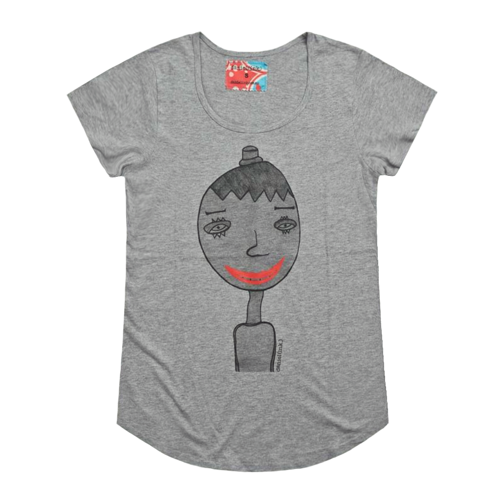 Grey short sleeve women's t-shirt featuring a hand drawn sketch of a person in black. The person is wearing a small top hat and has big red lips in a big smile. The t-shirt has a blue, white, and red fabric label on the back of the neck.