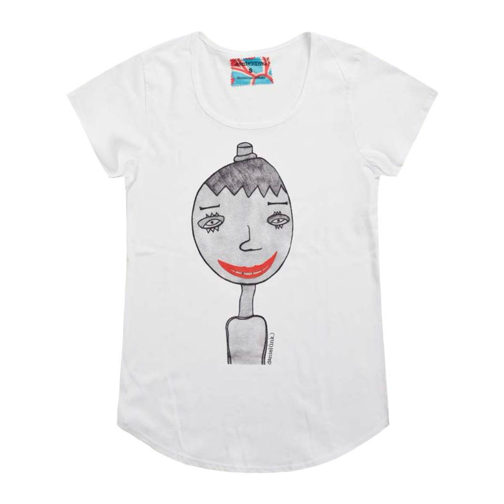 White short sleeve women's t-shirt featuring a hand drawn sketch of a person in black. The person is wearing a small top hat and has big red lips in a big smile. The t-shirt has a blue, white, and red fabric label on the back of the neck.