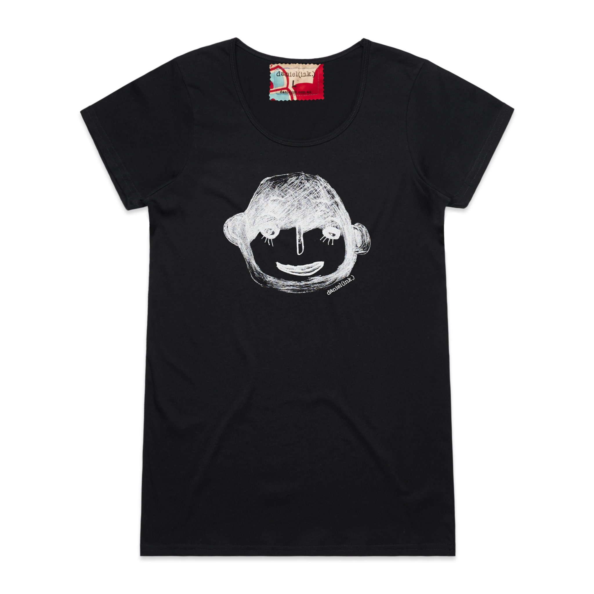 Black short sleeve women's t-shirt featuring a hand drawn sketch of a person's face in white. The t-shirt has a blue, white, and red fabric label on the back of the neck.