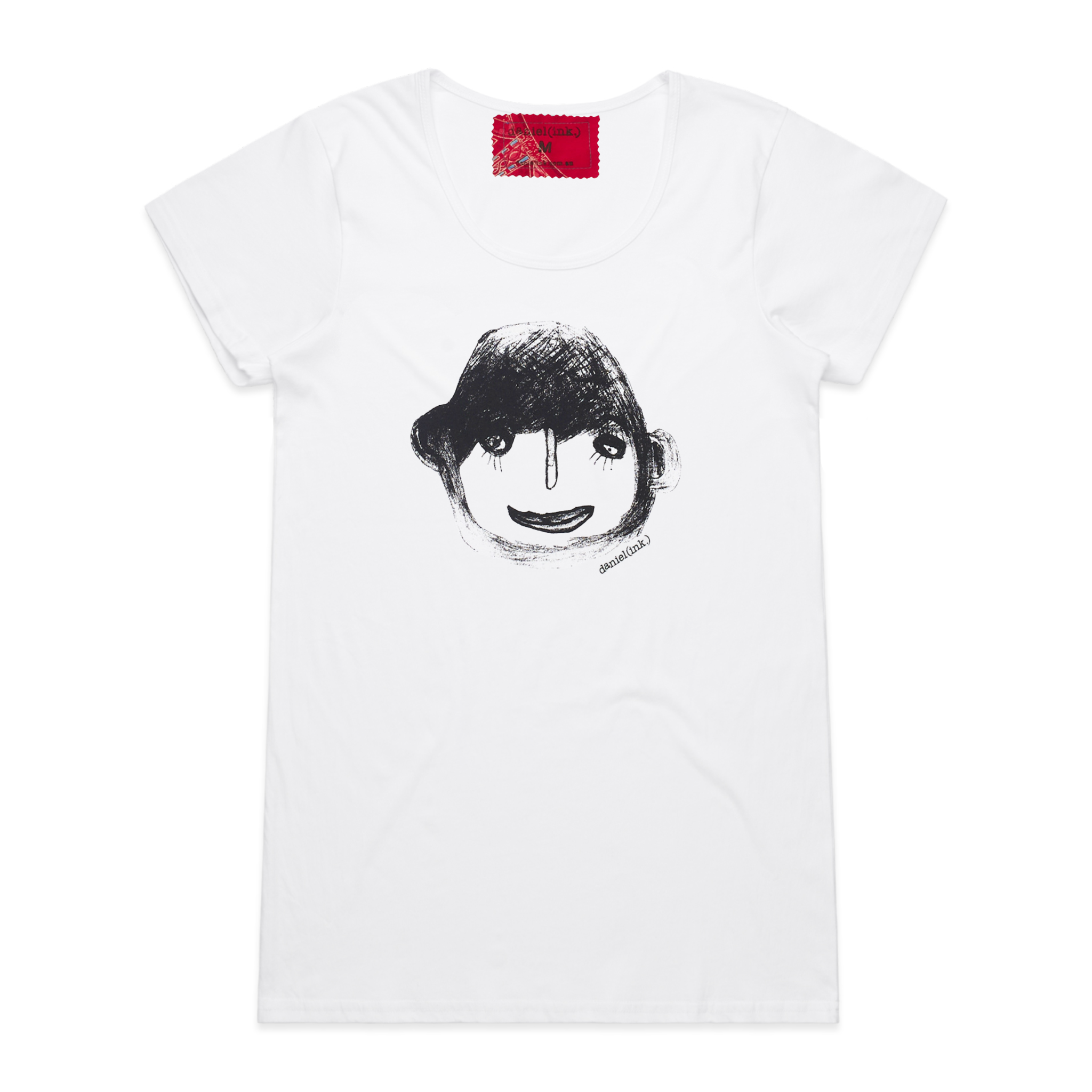 White short sleeve women's t-shirt featuring a hand drawn sketch of a person's face in black. The t-shirt has a red fabric label on the back of the neck.