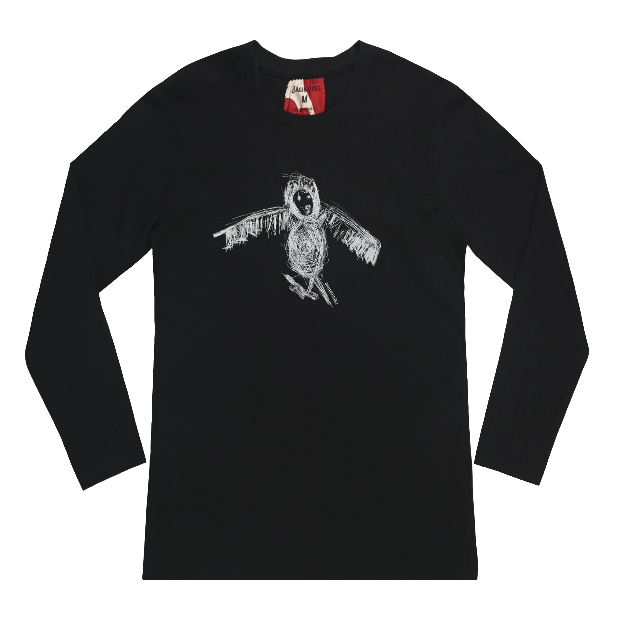 Black long sleeve women's shirt featuring a hand drawn sketch of an owl in white. The shirt has a white and red fabric label on the back of the neck.