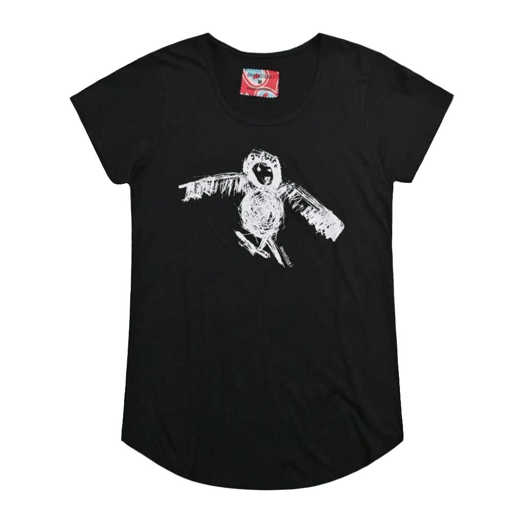 Black short sleeve women's t-shirt featuring a hand drawn sketch of an owl in white. The t-shirt has a blue, white, and red fabric label on the back of the neck.