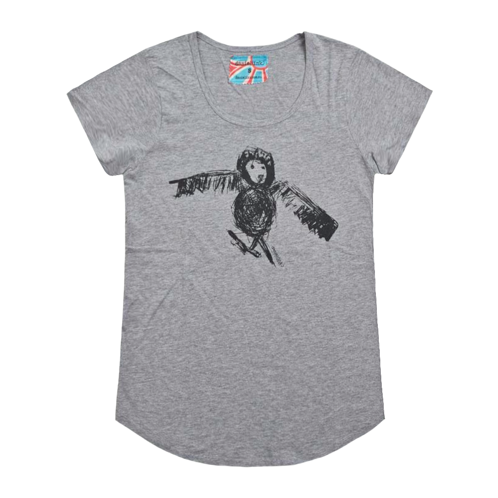 Grey short sleeve women's t-shirt featuring a hand drawn sketch of an owl in black. The t-shirt has a blue, white, and red fabric label on the back of the neck.
