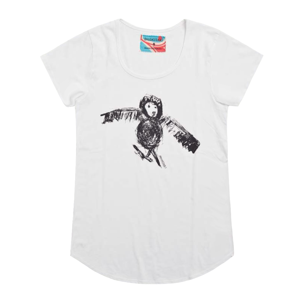 White short sleeve women's t-shirt featuring a hand drawn sketch of an owl in black. The t-shirt has a blue, white, and red fabric label on the back of the neck.